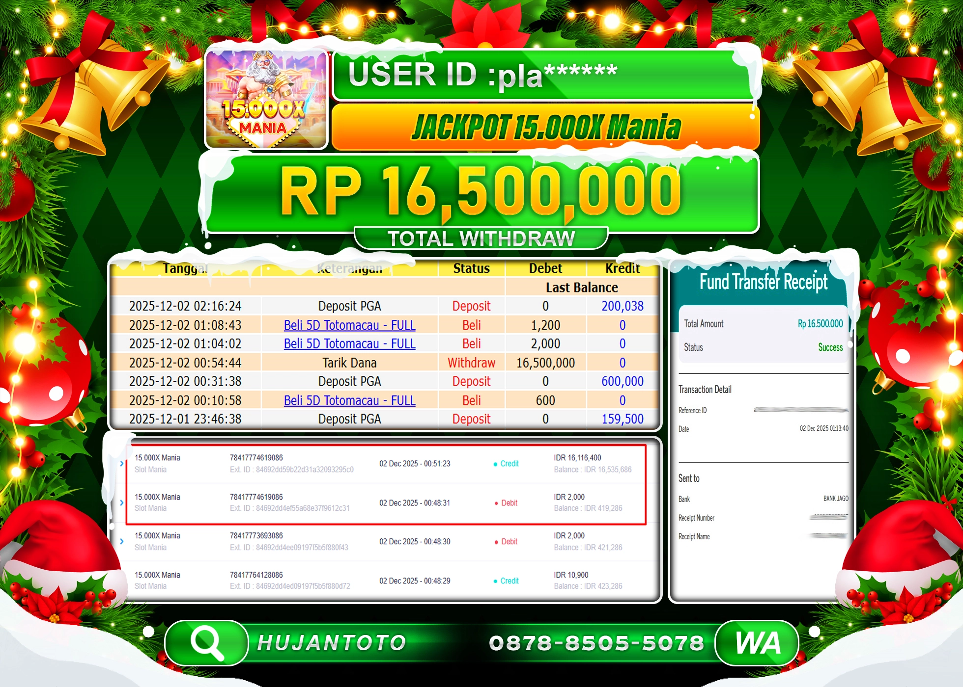 HUJANTOTO - BUKTI JACKPOT MENANG BESAR SLOT 15.000X MANIA Rp.16,500,000 - TERBAYAR LUNAS