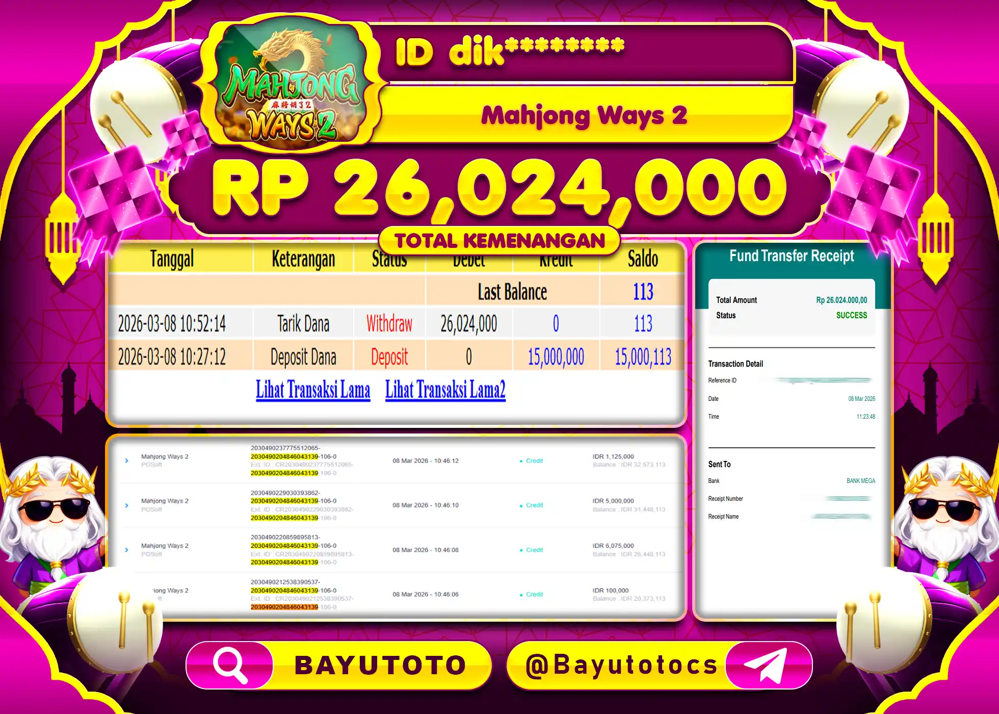 SELAMAT MEMBER SETIA BAYUTOTO JACKPOT DI MAHJONG WAYS 2 Rp. 26,024,000 LUNAS