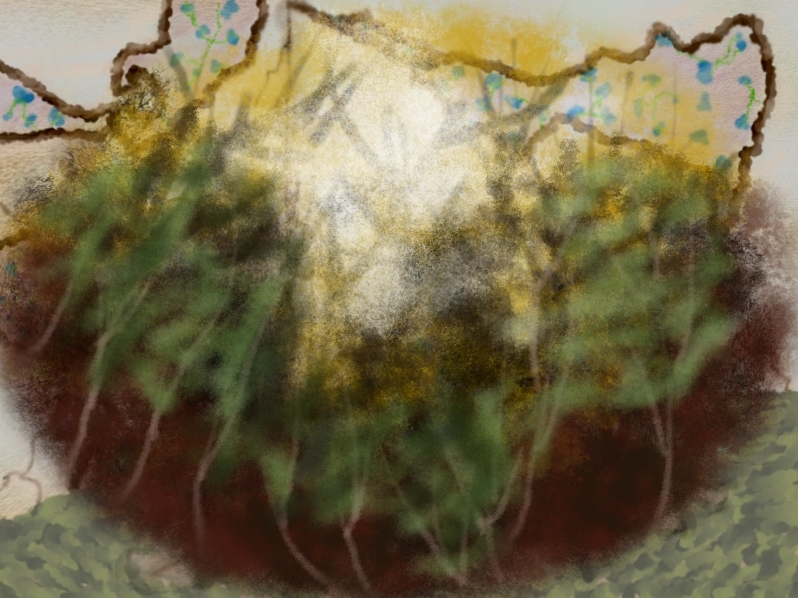 A faintly translucent, oval-shaped forest scene, trees laid over a golden sunset. Through the scene, a room with rotting carpet, exposed floorboards, and peeling floral paint is visible.
