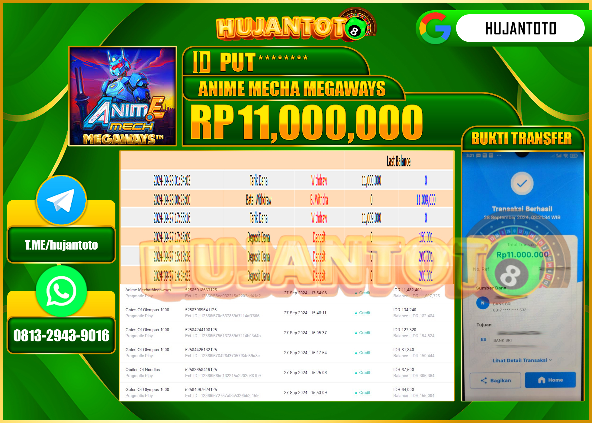 HUJANTOTO MENANG BESAR DI PERMAINAN SLOT MECHA MEHAWAYS - 11.000,000 - LUNAS 