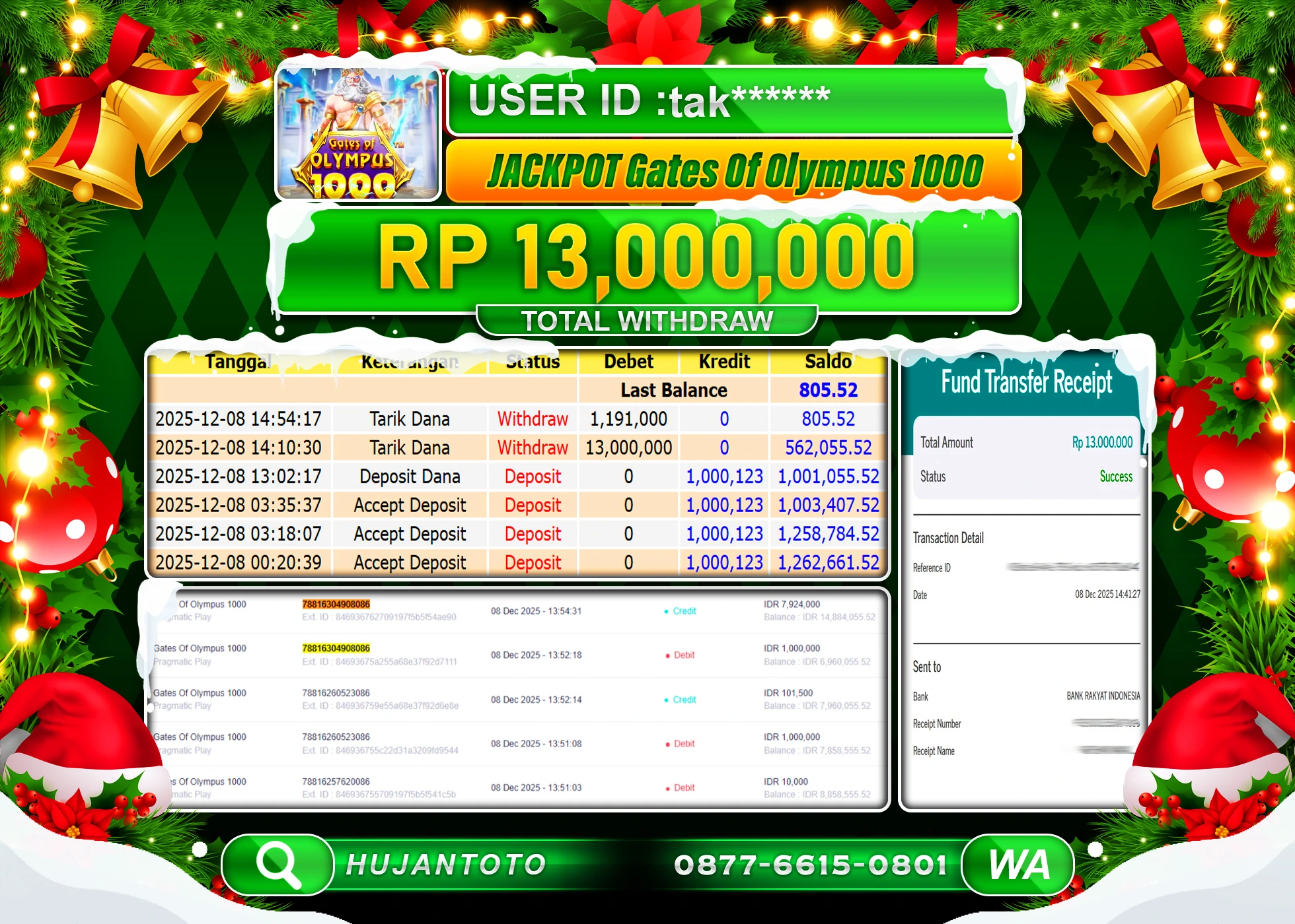 HUJANTOTO - BUKTI JACKPOT MENANG SLOT GATES OF OLYMPUS 1000 Rp.13,000,000 - TERBAYAR LUNAS