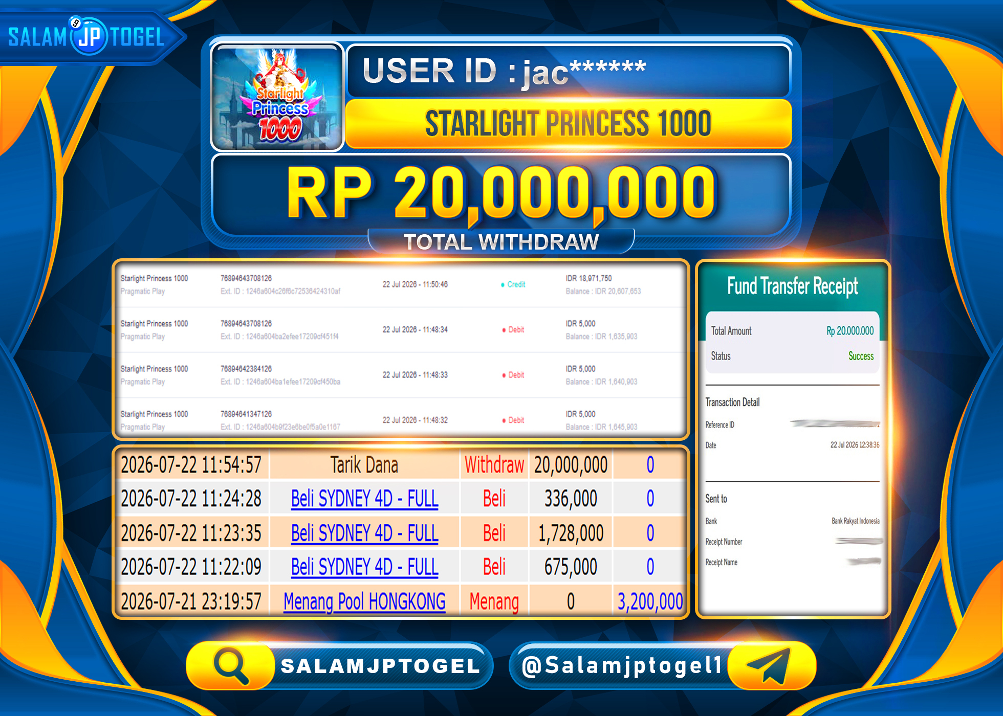 SALAMJPTOGEL JACKPOT MENANG Starlight Princess 1000 - Pragmatic Play  Rp.20,000,000  - LUNAS