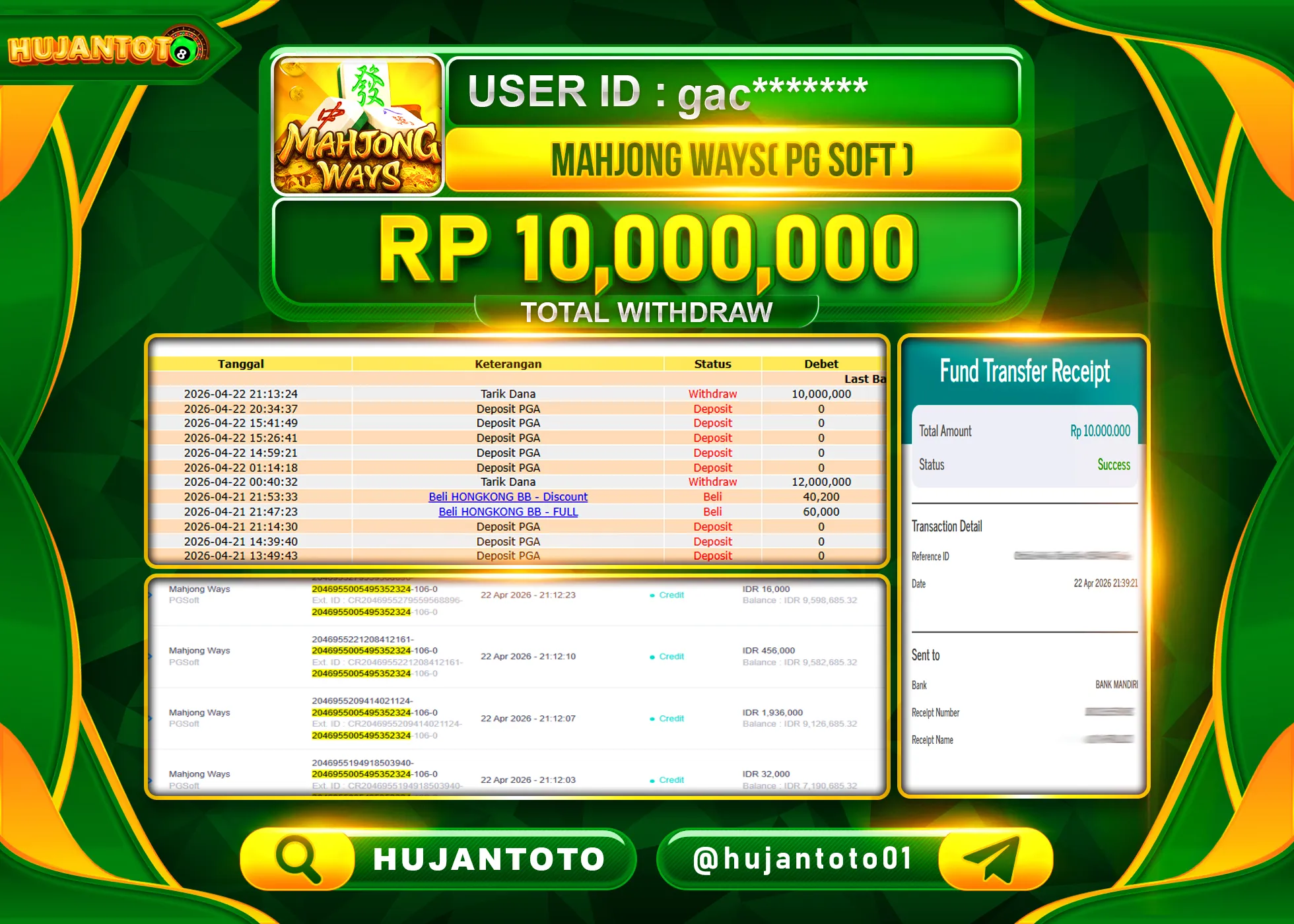 HUJANTOTO - BUKTI JACKPOT MENANG SLOT MAHJONG WAYS Rp.10,000,000 - TERBAYAR LUNAS