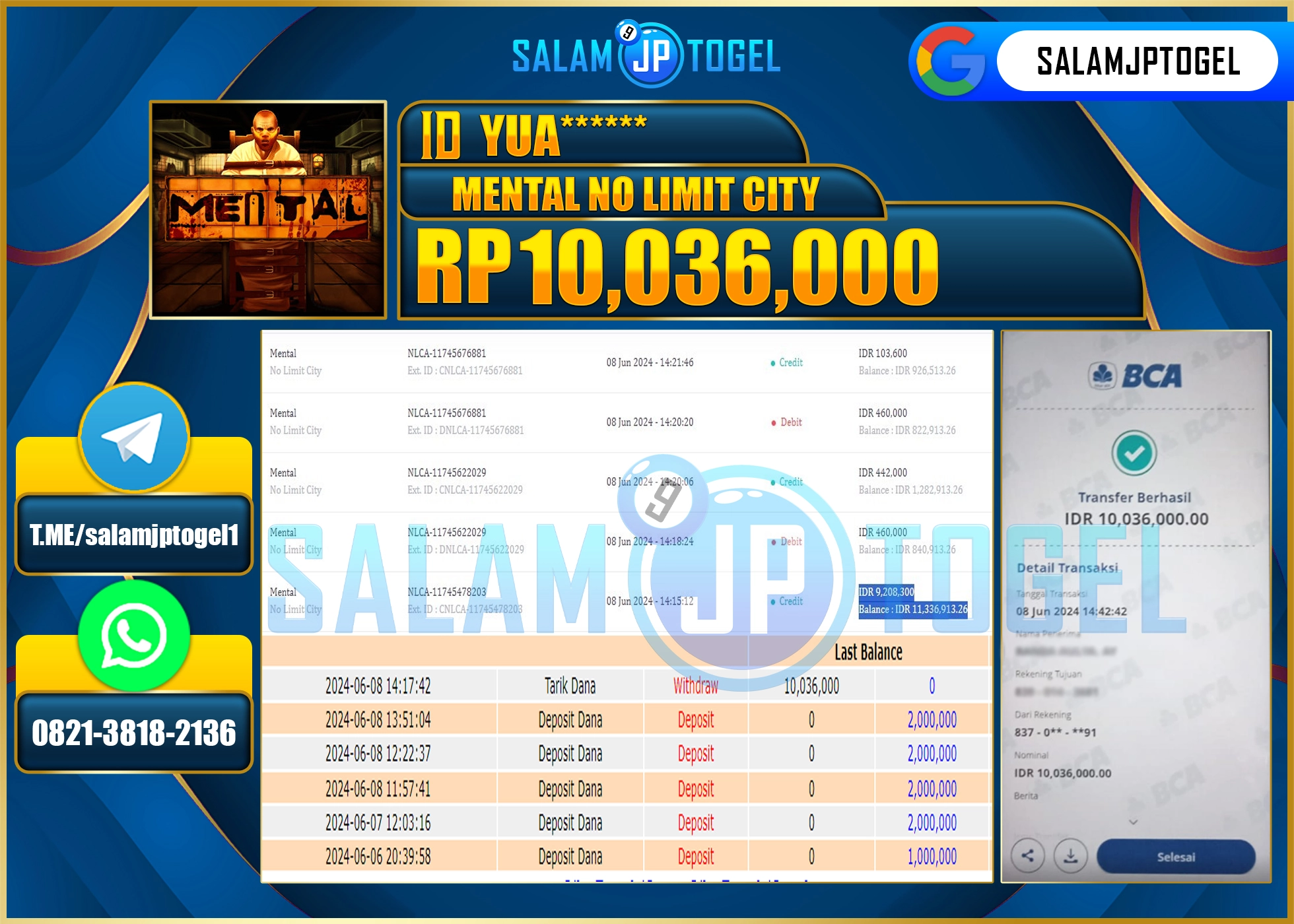 SALAMJPTOGEL MENANG MENTAL NOLIMIT CITY RP. 10,036,000.,LUNAS