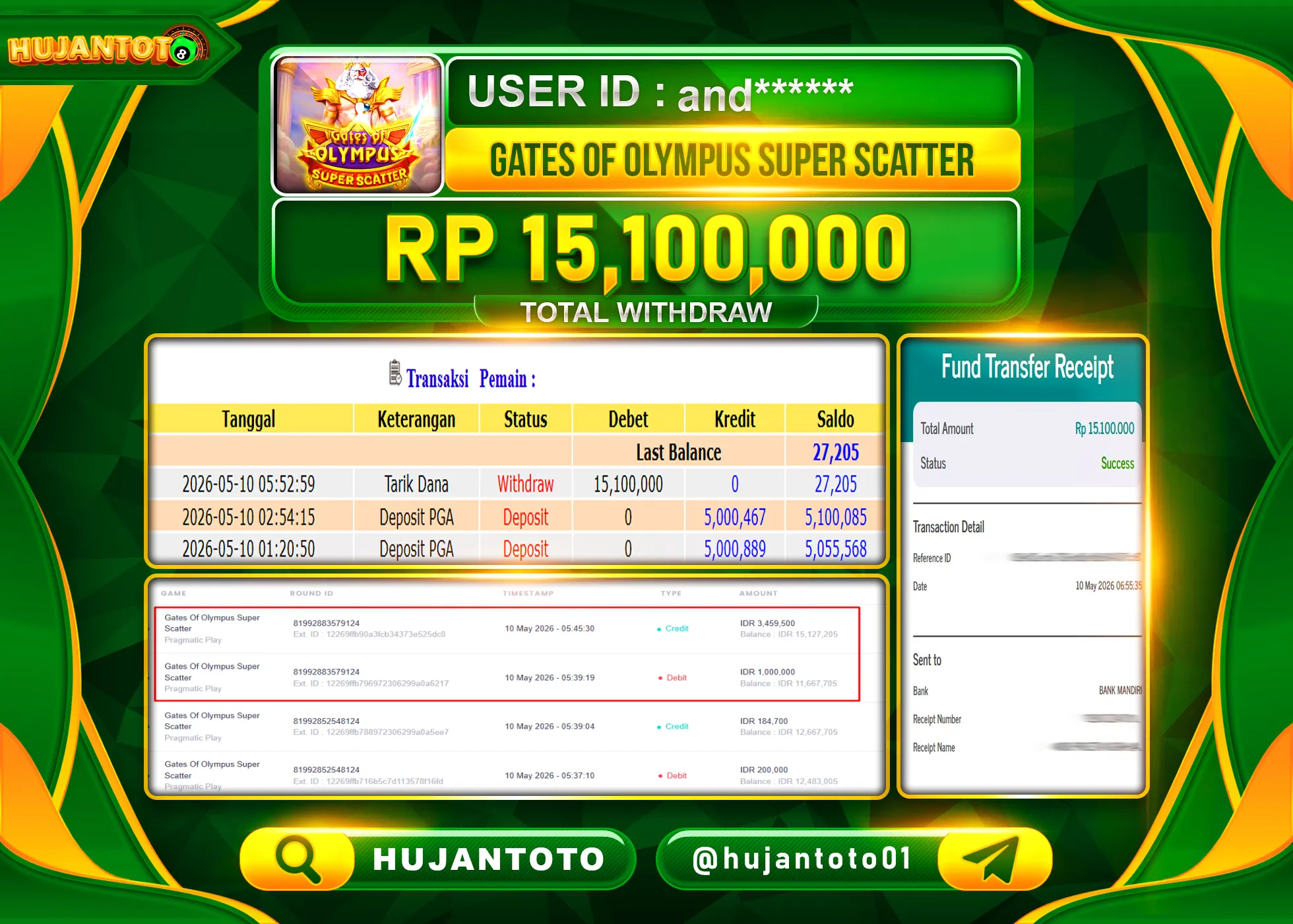 HUJANTOTO - BUKTI JACKPOT MENANG SLOT GATES OF OLYMPUS SUPER SCATTER Rp.15,100,000-TERBAYAR LUNAS
