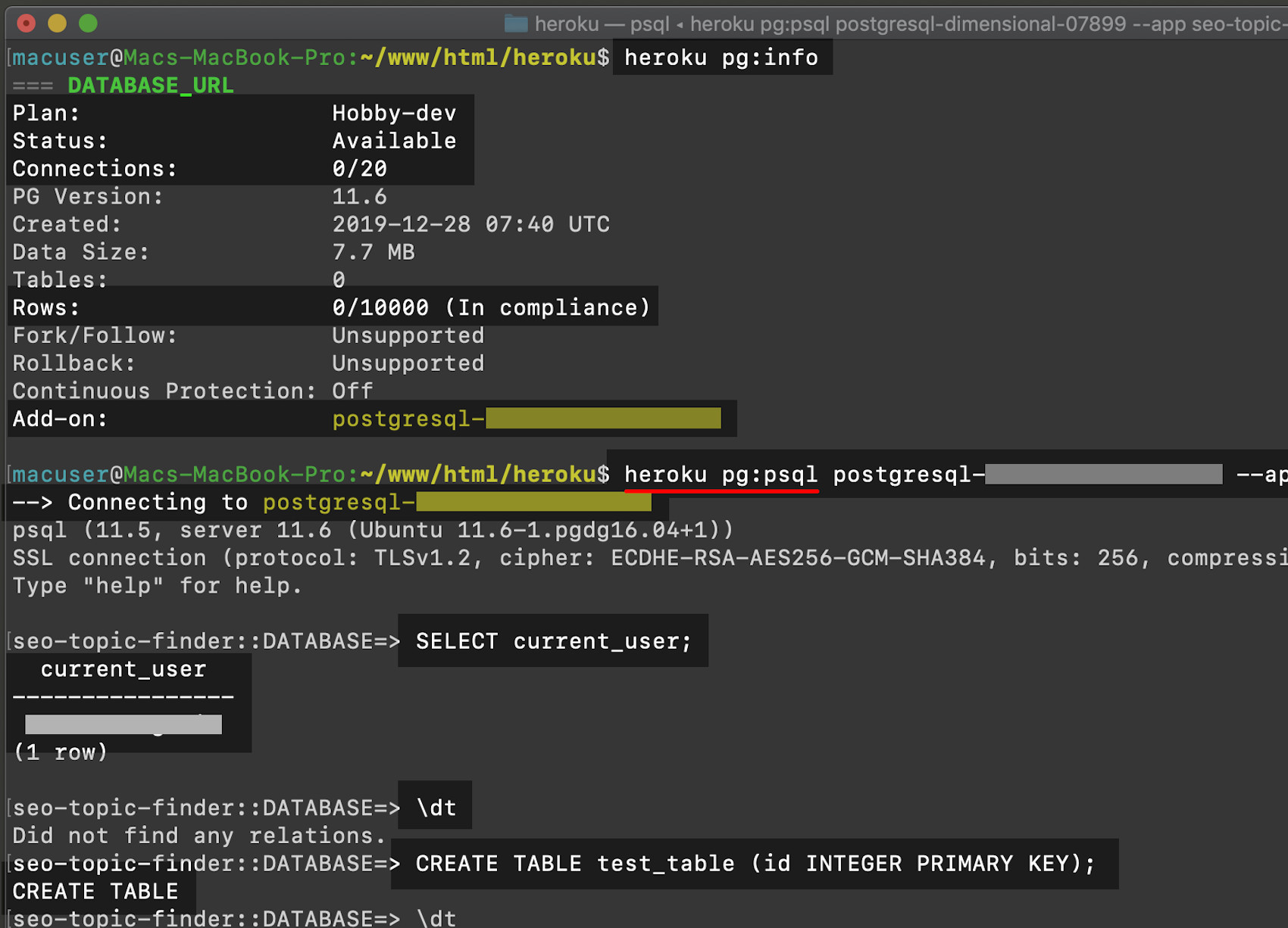 Screenshot of heroku pg:psql command in a terminal creating Heroku PostgreSQL table for Heroku app