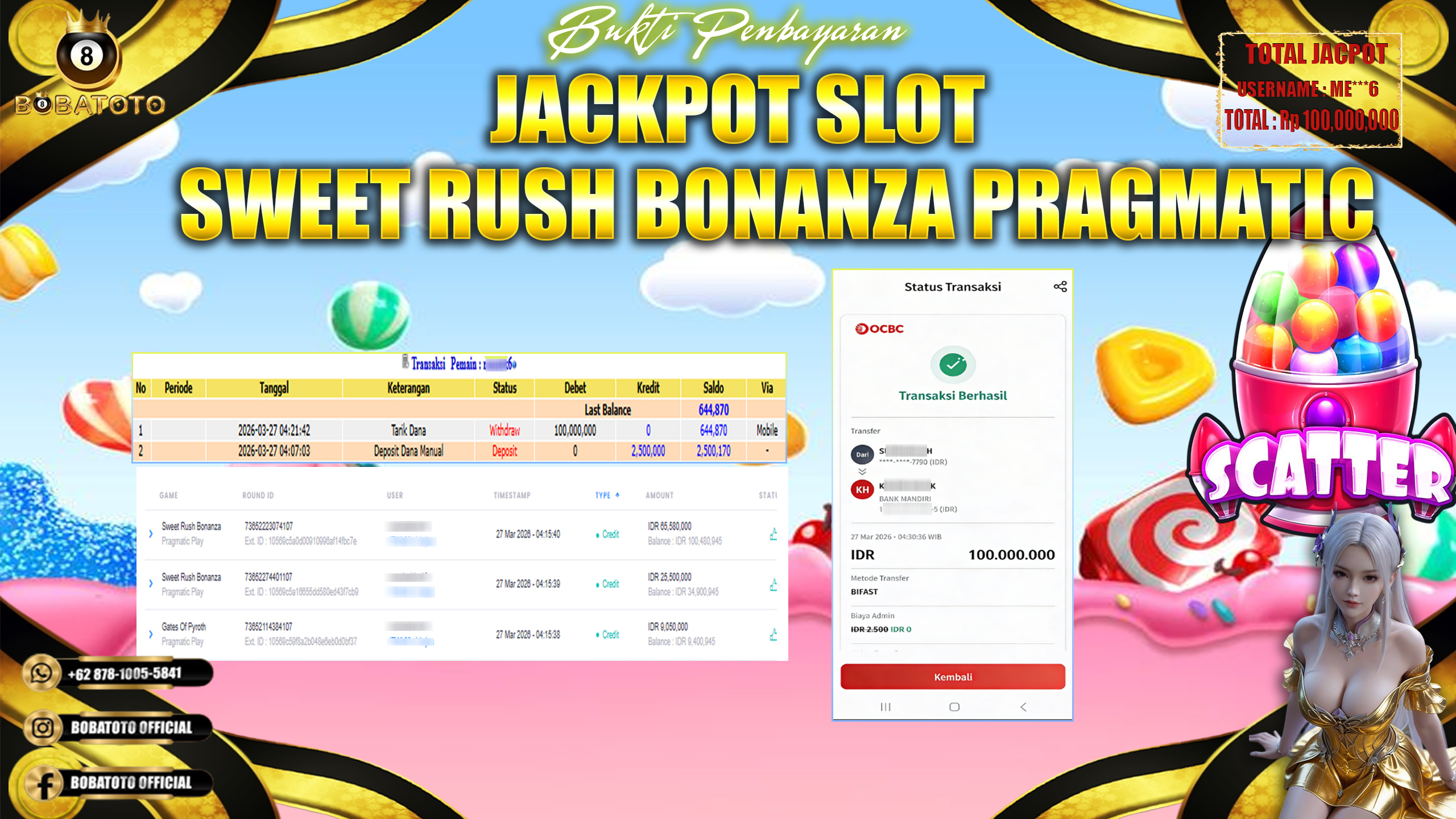 BOBATOTO JACKPOT SLOT SWEET RUSH BONANZA PRAGMATIC Rp.100,000,000,- LUNAS!!