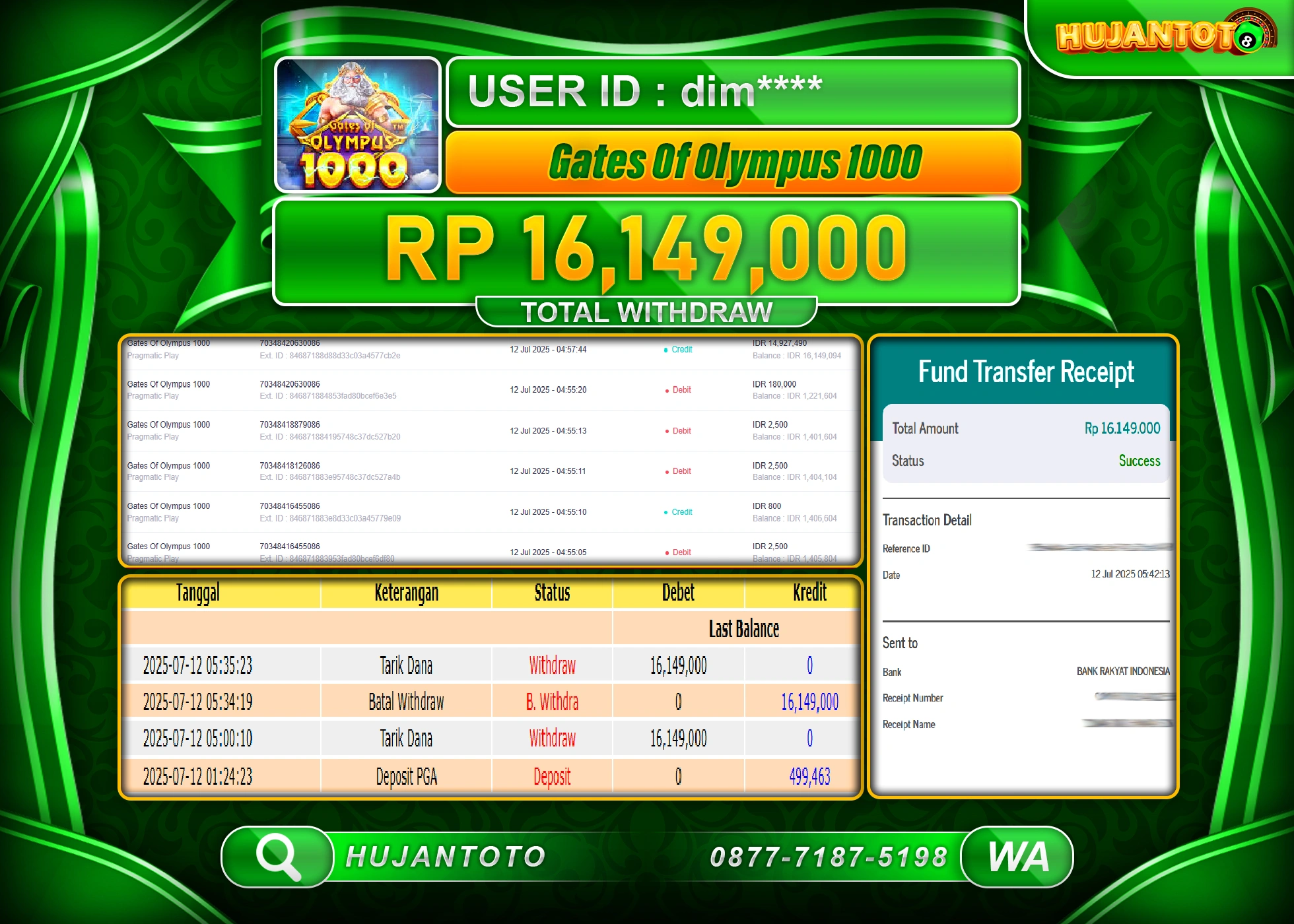 HUJANTOTO - BUKTI JACKPOT MENANG SLOT GATES OF OLYMPUS 1000 Rp.16,149,000 - TERBAYAR LUNAS