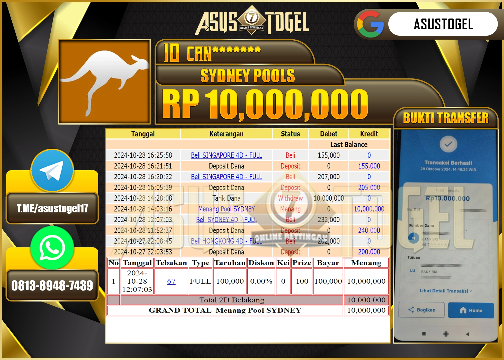 ASUSTOGEL KEMENANGAN DI GAMES  MENANG TOGEL  SYDNEY POOLS SEBESAR 10,000,000 -RUPIAH LUNAS