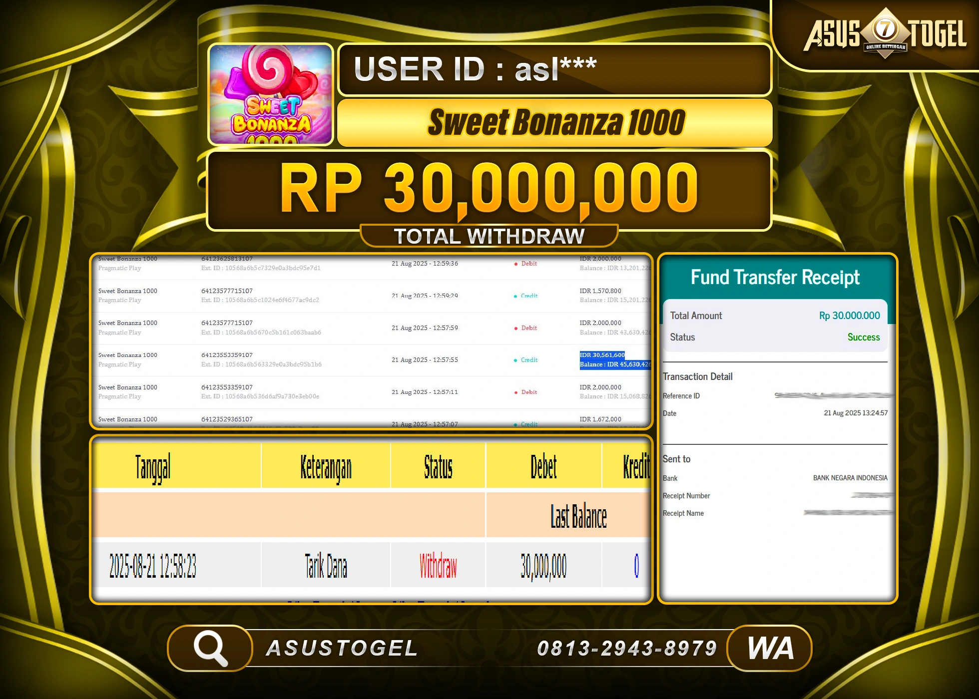 ASUSTOGEL KEMENANGAN DI SLOT SWEET BONANZA 1000 SEBESAR 30,000,000- RUPIAH LUNAS