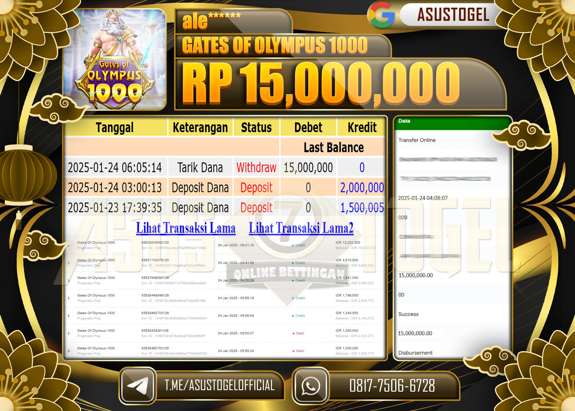 ASUSTOGEL KEMENANGAN DI GATE OF OLYMPUS 1000 SEBESAR 15.000.000 - RUPIAH LUNAS