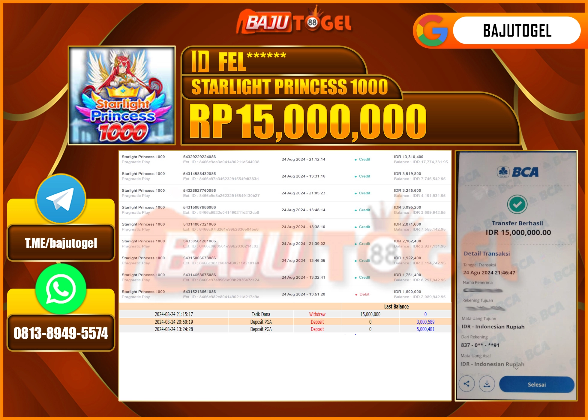 BAJUTOGEL JACKPOT STARLIGHT PRINCESS 1000 Rp.15.000.000 LUNAS