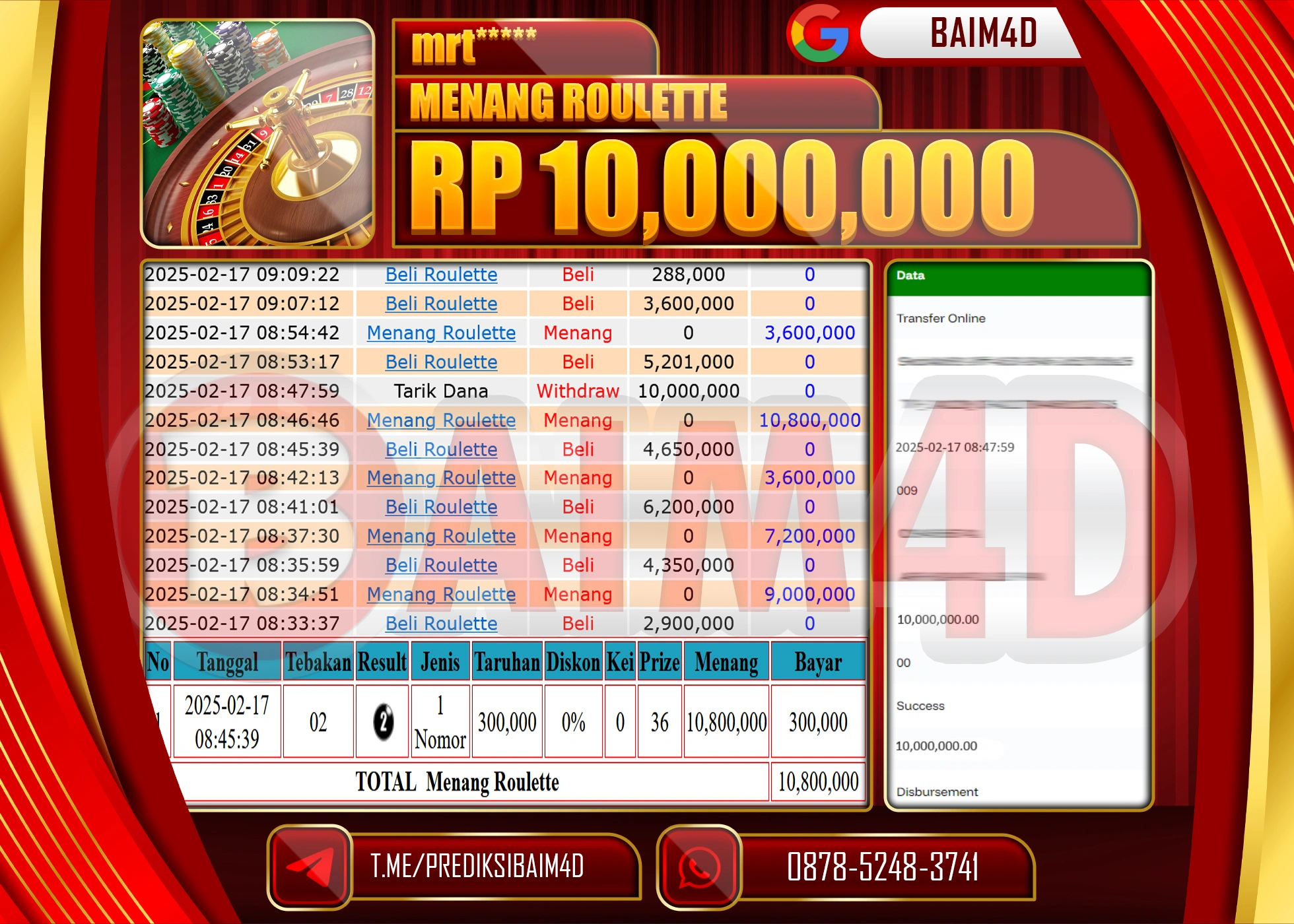 BAIM4D MENANG  MENANG ROULLETE GAMES   Rp.10.000,000.