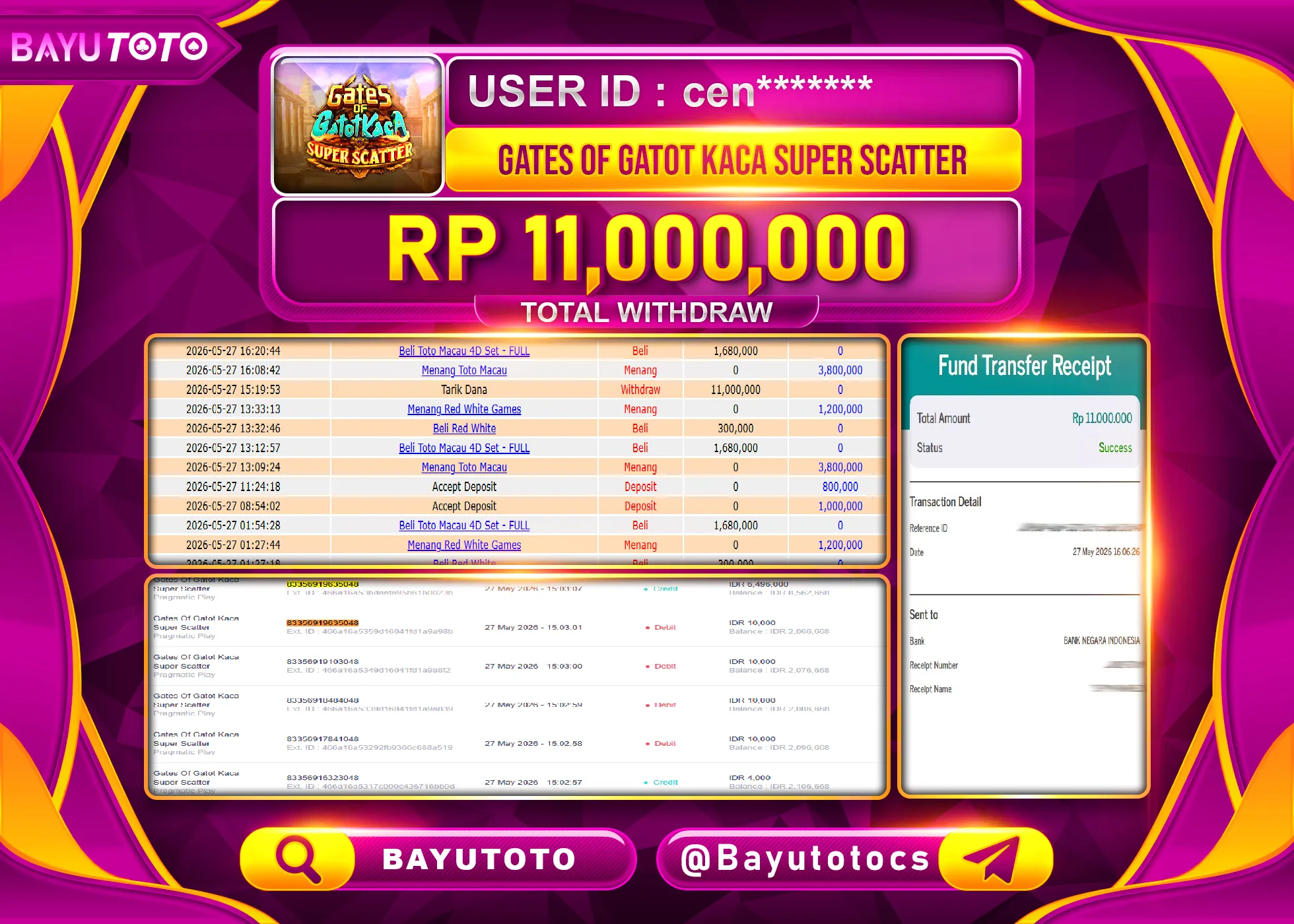 MEMBER SETIA BAYUTOTO JACKPOT DI SLOT GATES OF GATOT KACA SUPER SCATTER Rp. 11,000,000 LUNAS