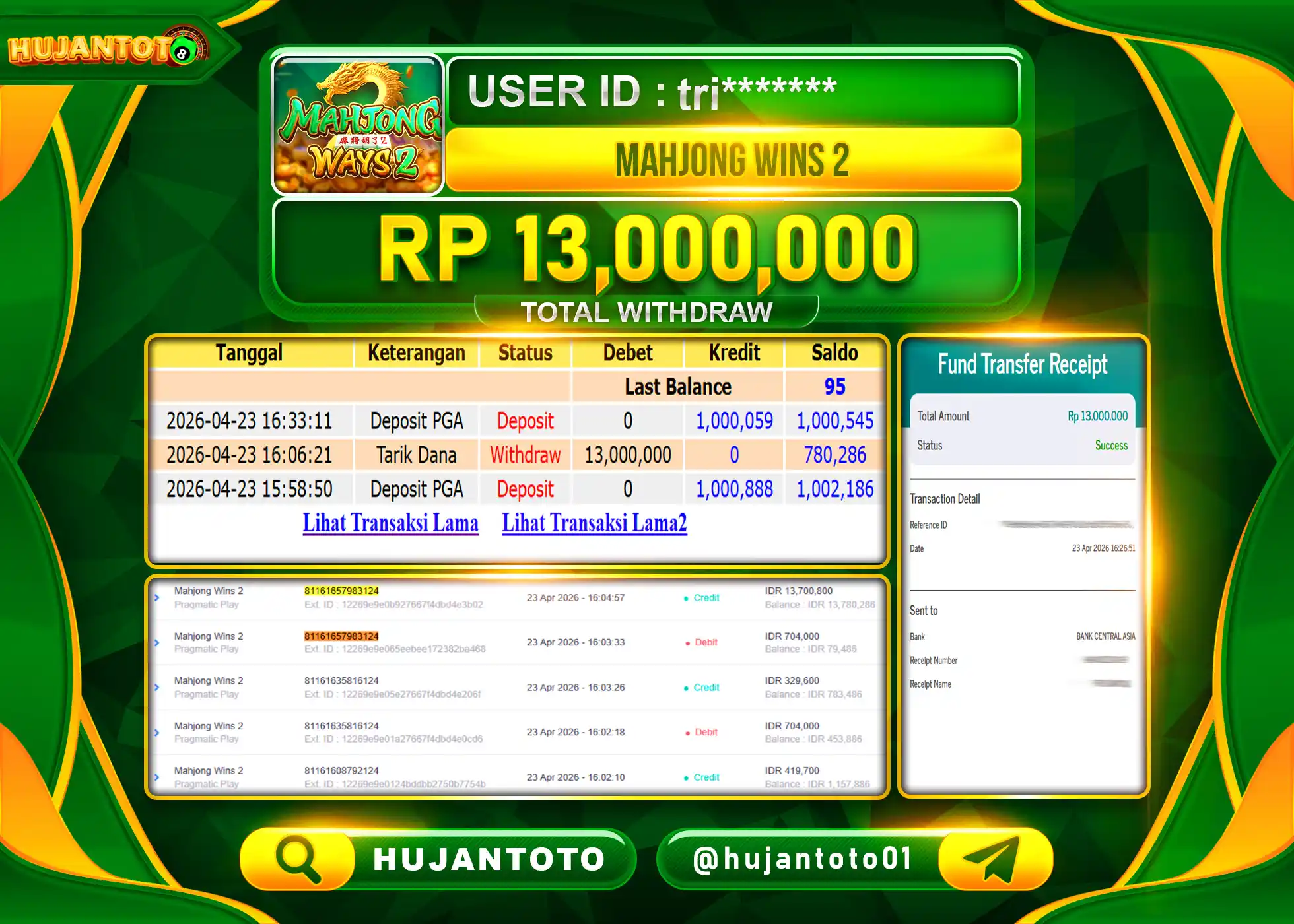 HUJANTOTO - BUKTI JACKPOT MENANG SLOT MAHJONG WINS 2 Rp.13,000,000 - TERBAYAR LUNAS