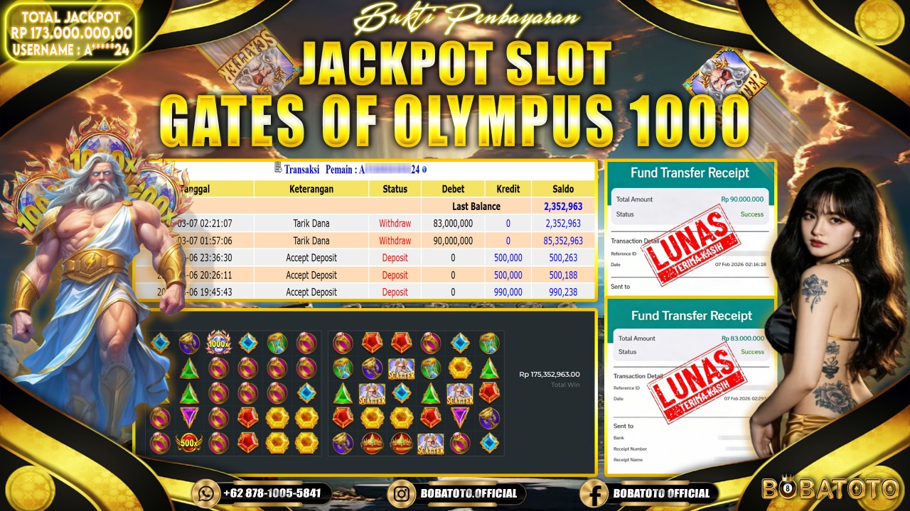 BOBATOTO JACKPOT SLOT PRAGMATIC GATES OF OLYMPUS 1000 Rp.173,000,000,- LUNAS!!
