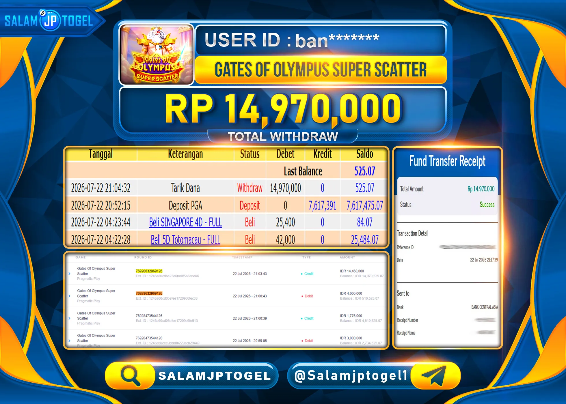 SALAMJPTOGEL MEMBER JACKPOT MENANG GATES OF OLYMPUS SUPER SCATTER Rp.14,970,000  - LUNAS