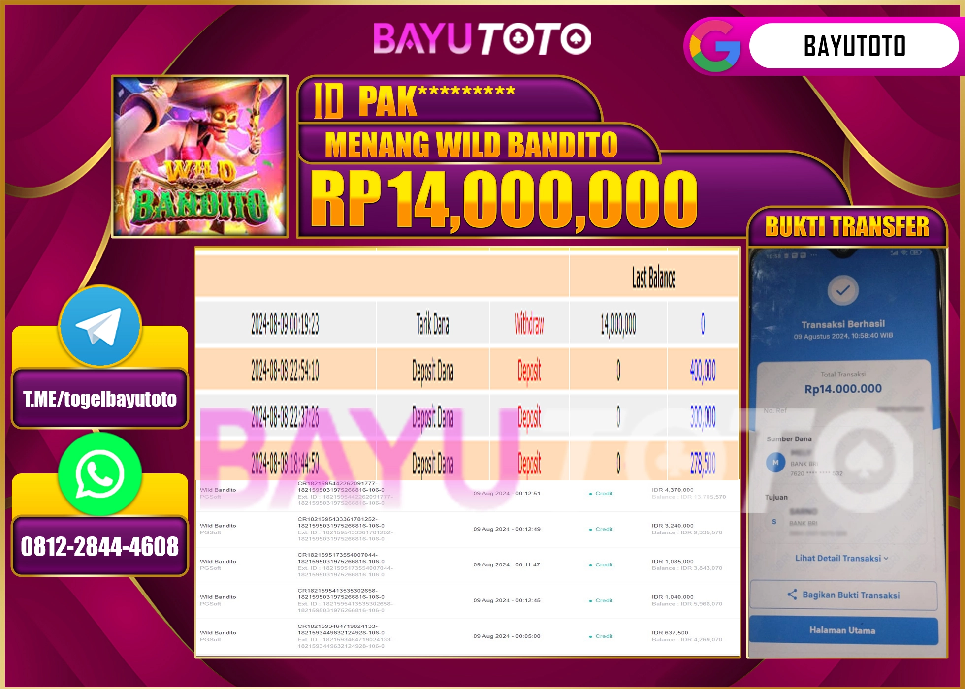 BAYUTOTO JACKPOT  DI GAME WILD BANDITO Rp.14.000.000 LUNAS