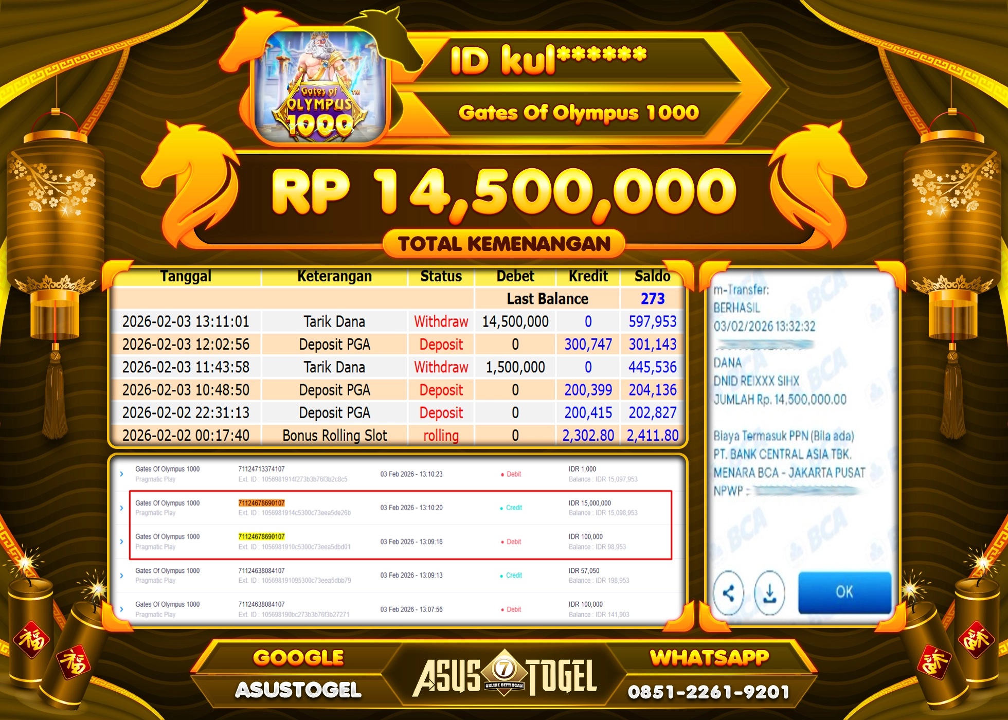 ASUSTOGEL KEMENANGAN DI SLOT GATES OF OLYMPUS 1000 SEBESAR 14,500,000 - RUPIAH LUNAS