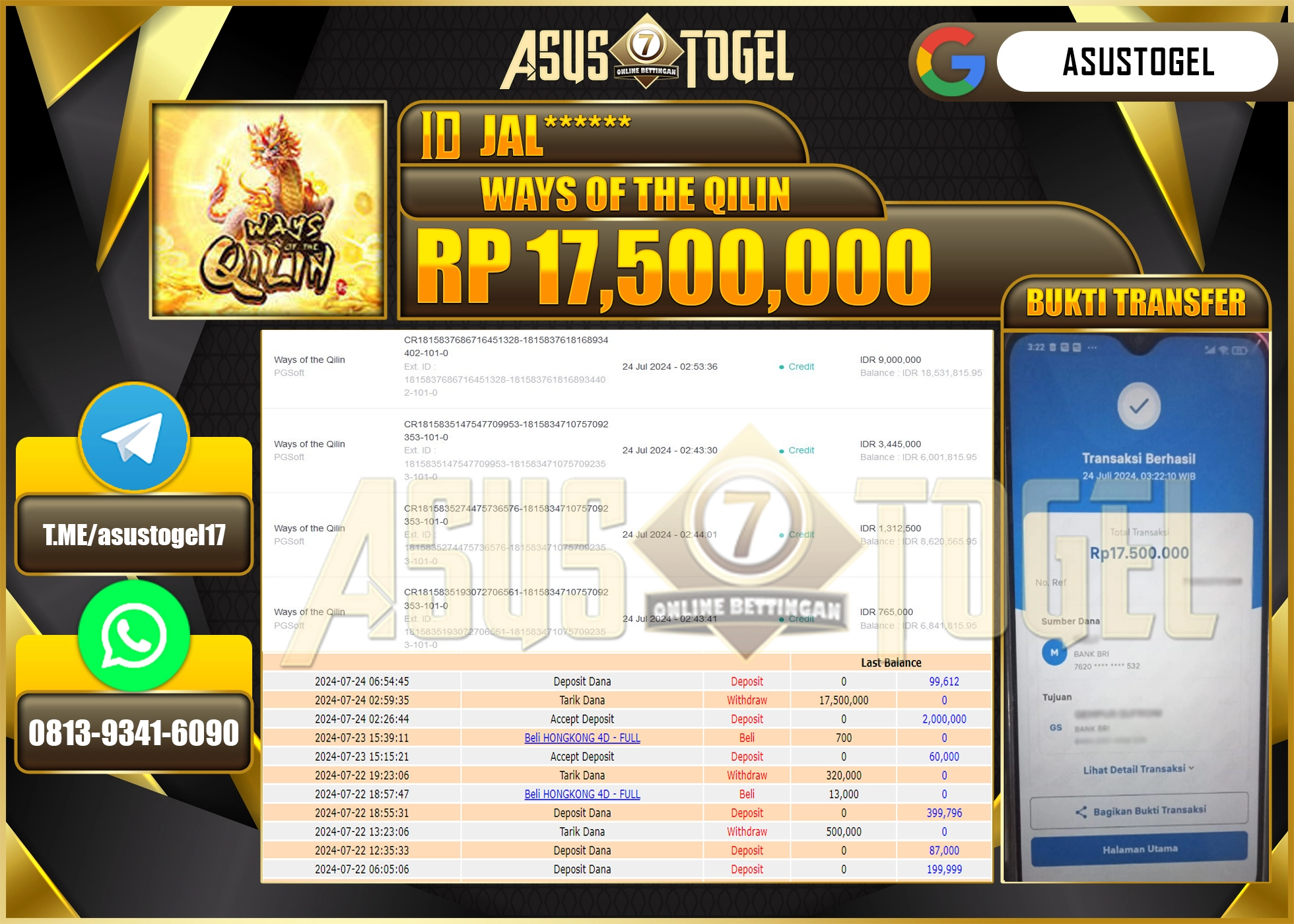 ASUSTOGEL KEMENANGAN DI PERMAINAN WAYS OF THE QILIN SEBESAR 17,500,000-LUNAS