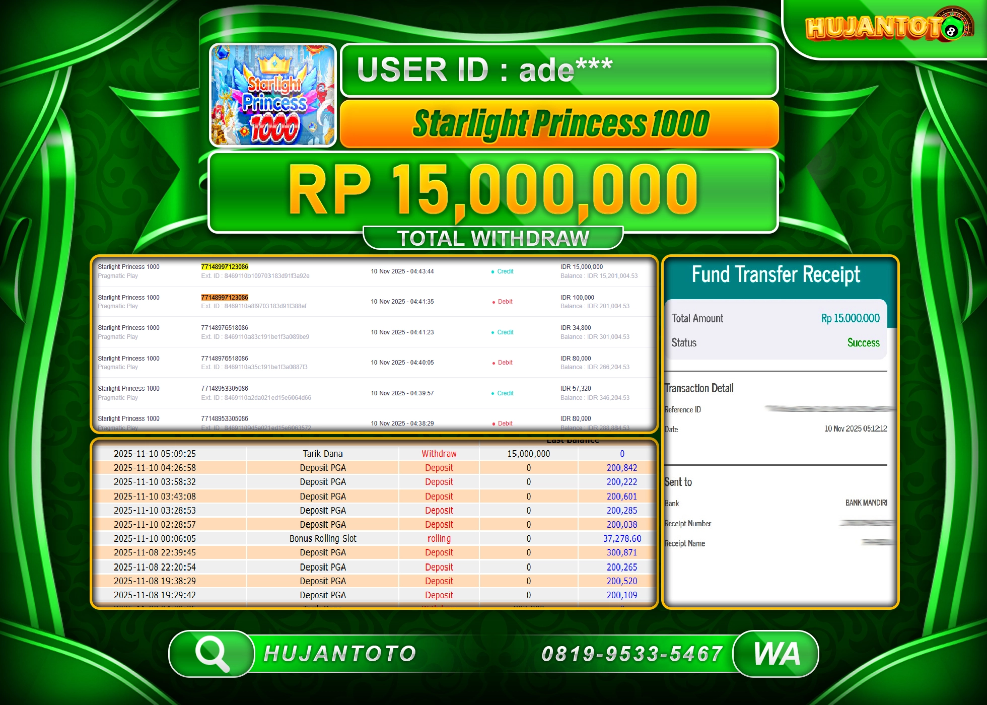 HUJANTOTO - BUKTI JACKPOT MENANG STARLIGHT PRINCESS 1000  Rp.15,000,000 - TERBAYAR LUNAS