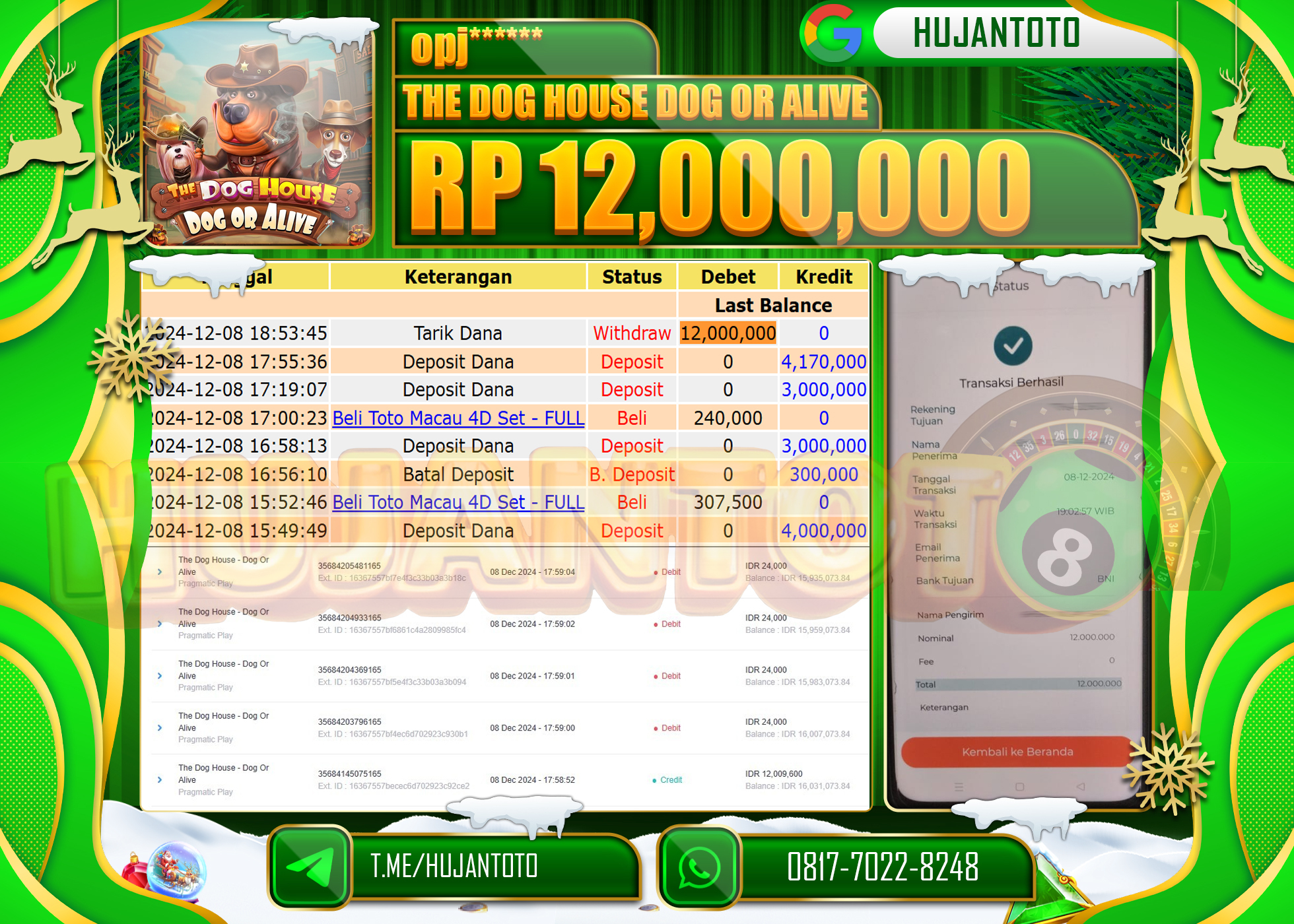 HUJANTOTO ATAS KEMENANGAN BESAR YANG  DI RAIH DI PERMAINAN THE DOG HOUSE DOG OR ALIVE - 12,000,000-TERBAYAR LUNAS 