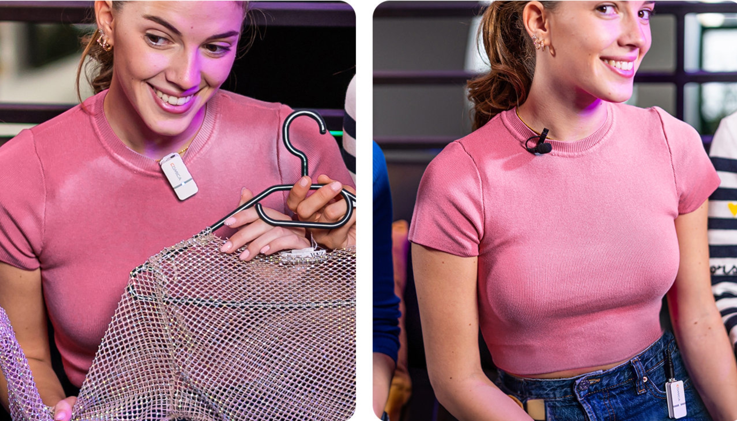 左右の分割画像。左は襟元に送信機を直接つけた様子、右は襟元に小型のラベリアマイク（外付け）をつけ、送信機を腰に装着した様子。