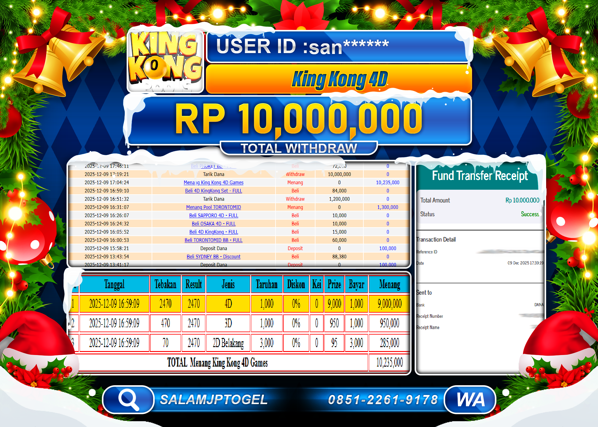 SALAMJPTOGEL JACKPOT DI GAME TOGEL KING KONG 4D Rp.10,000,000 - LUNAS