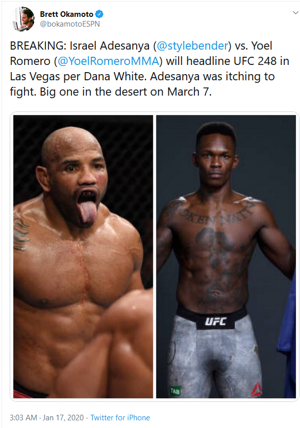 Romero Vs Adesanya for the UFC middleweight title confirmed for March at UFC 248 in Las Vegas  Bd425e483ed282ebcfbde2ef98a76d6f