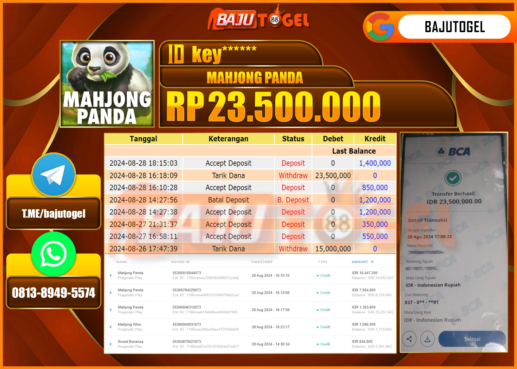 BAJUTOGEL JACKPOT MAHJONG PANDA Rp.23.500.000 LUNAS