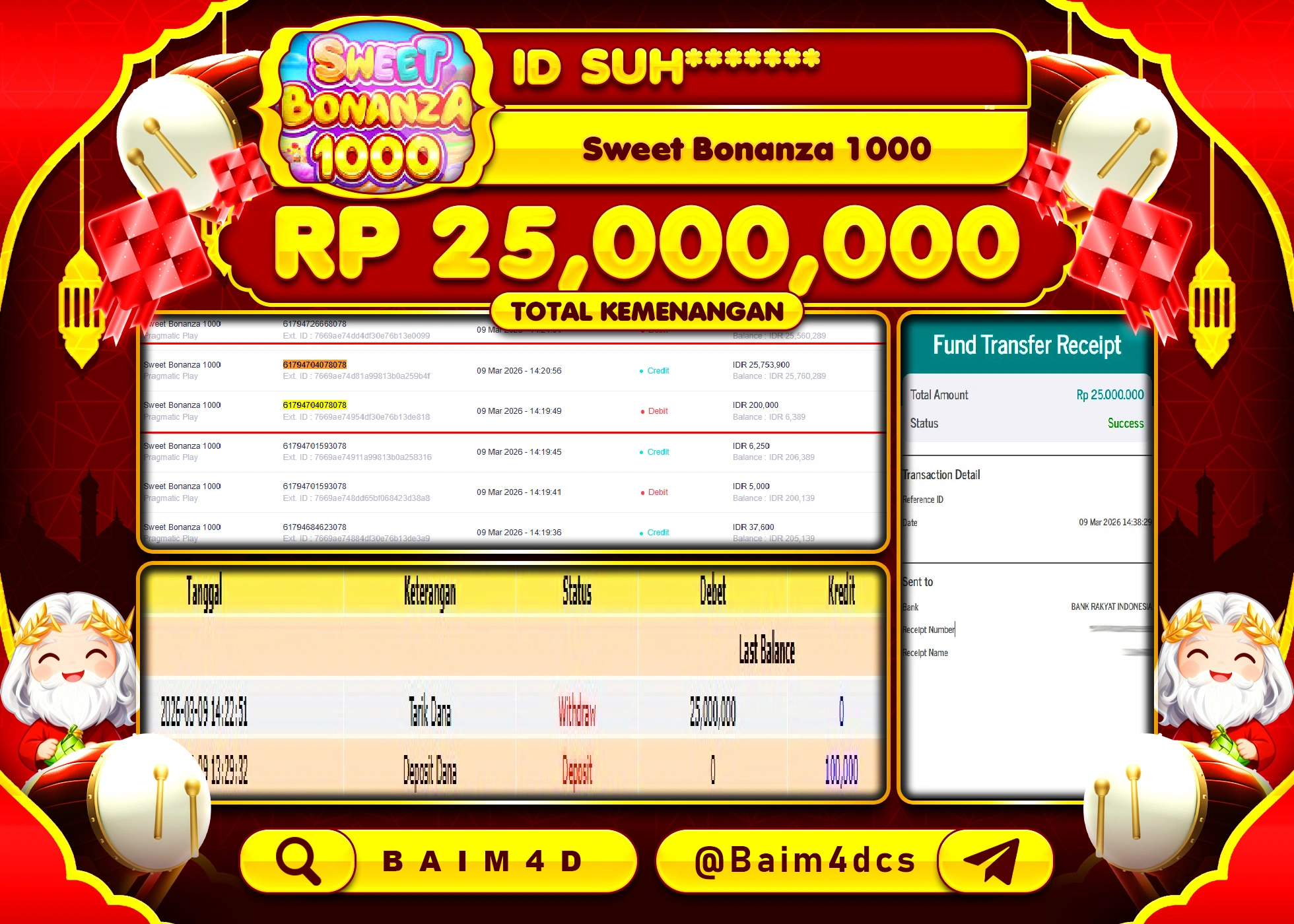 BAIM4D JACKPOT  SLOT SWEET BONANZA 1000 Rp.25,000,000 - LUNAS