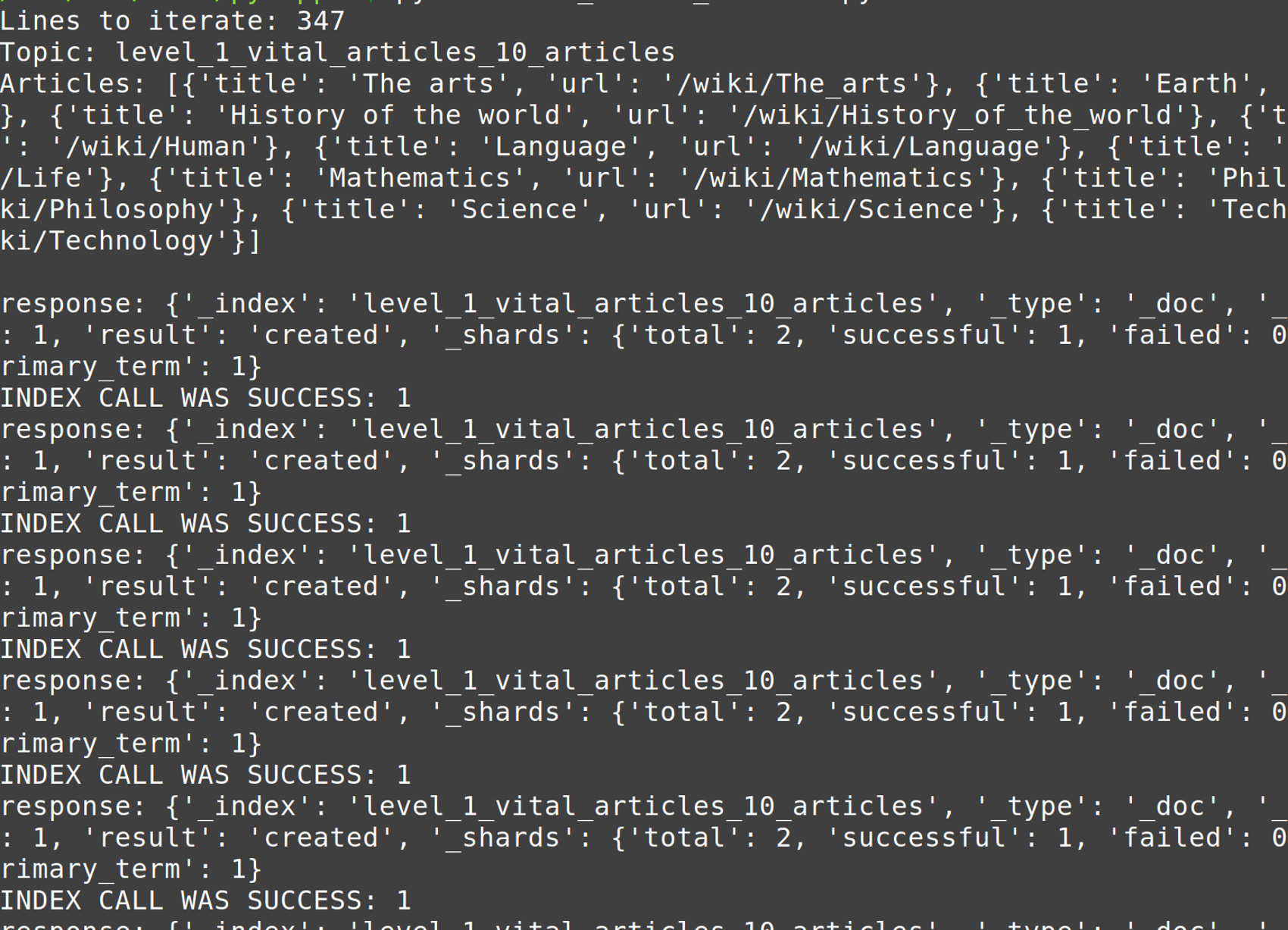 Wikipedia titles and URLs indexed to Elasticsearch as documents in a terminal window