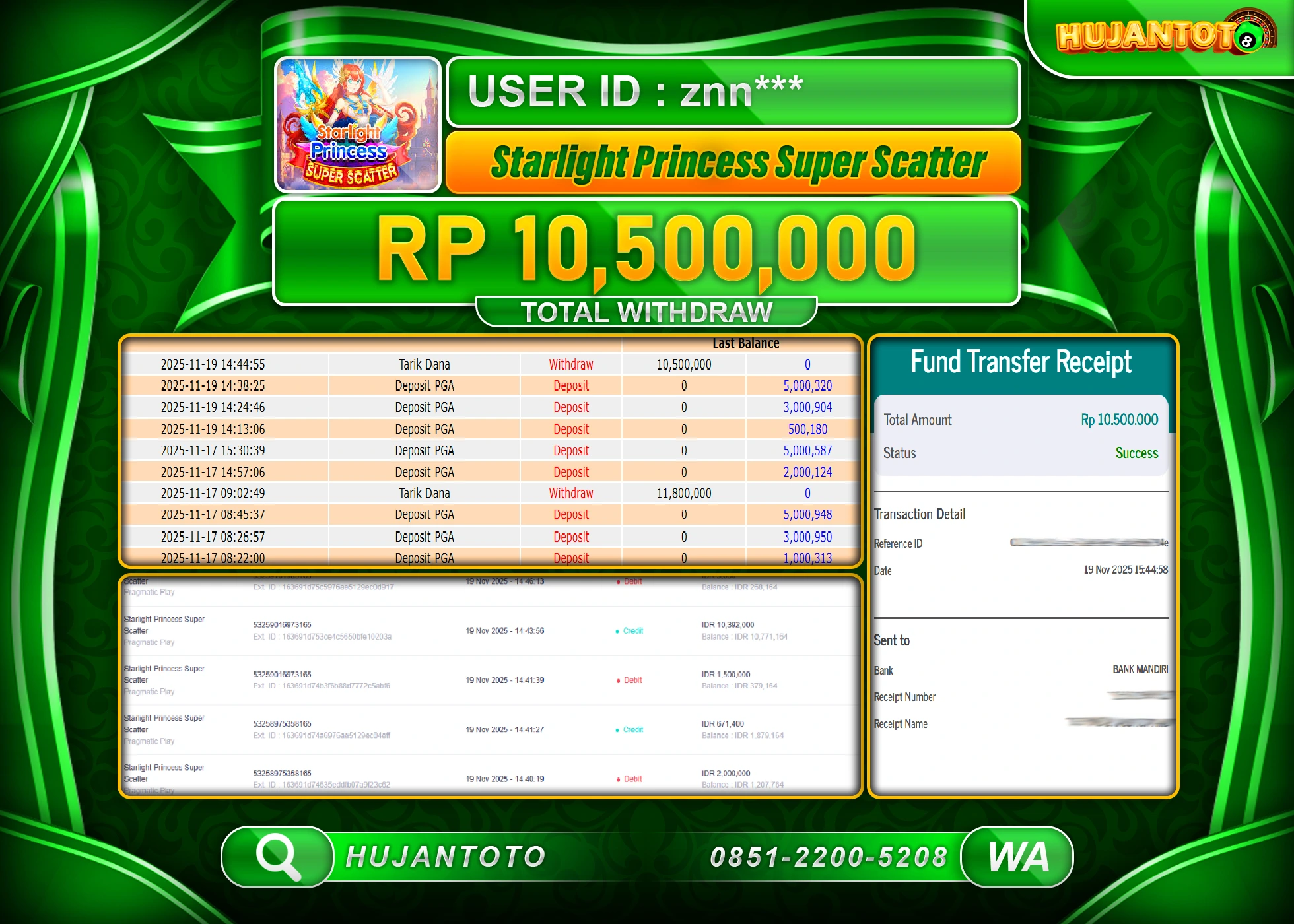 HUJANTOTO - BUKTI JACKPOT MENANG SLOT STARLIGHT PRICESS SUPER SCATTER Rp.10,500,000 - TERBAYAR LUNAS