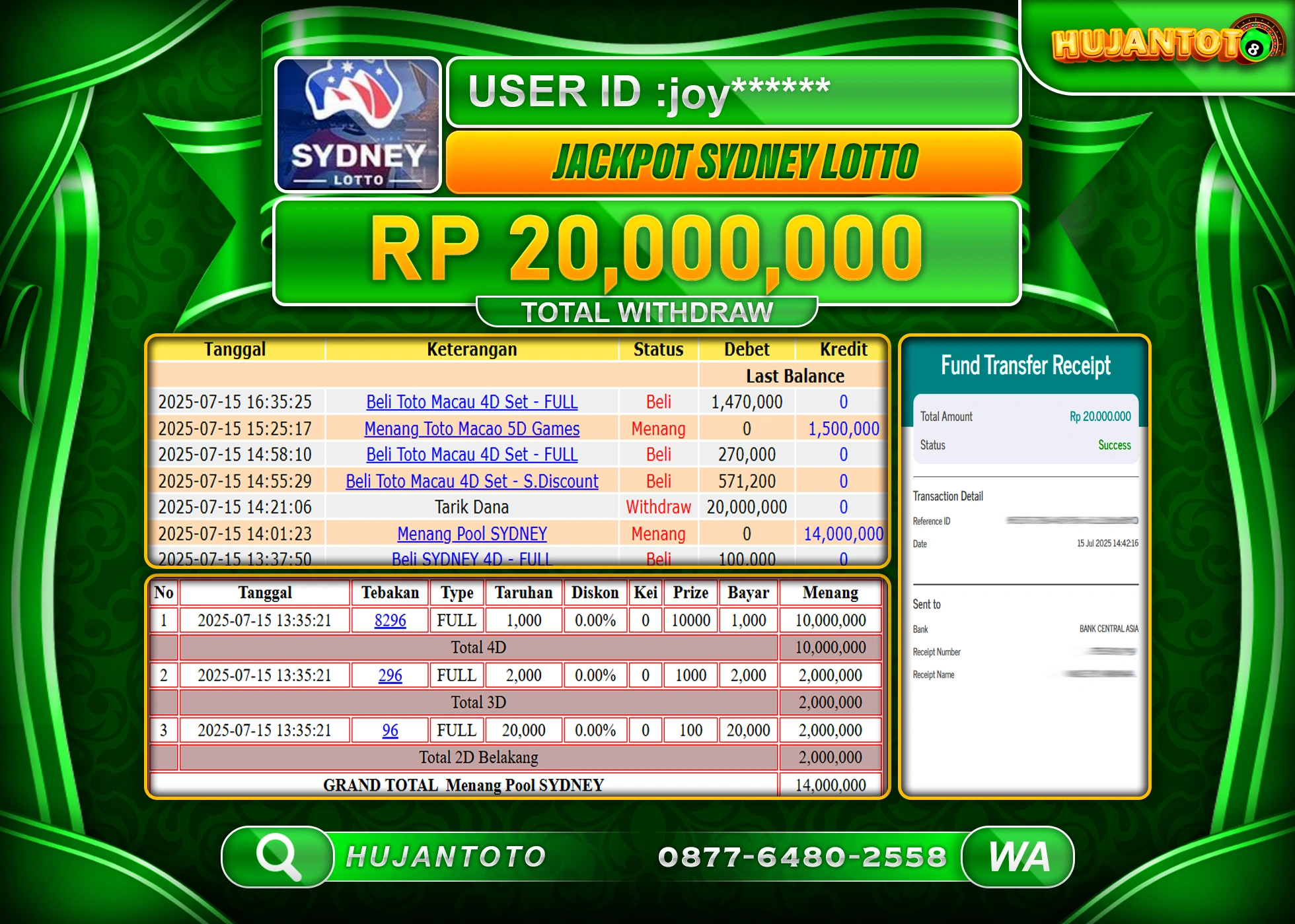 HUJANTOTO - BUKTI JACKPOT MENANG TOGEL SYDNEY LOTTO  Rp.20,000,000 - TERBAYAR LUNAS