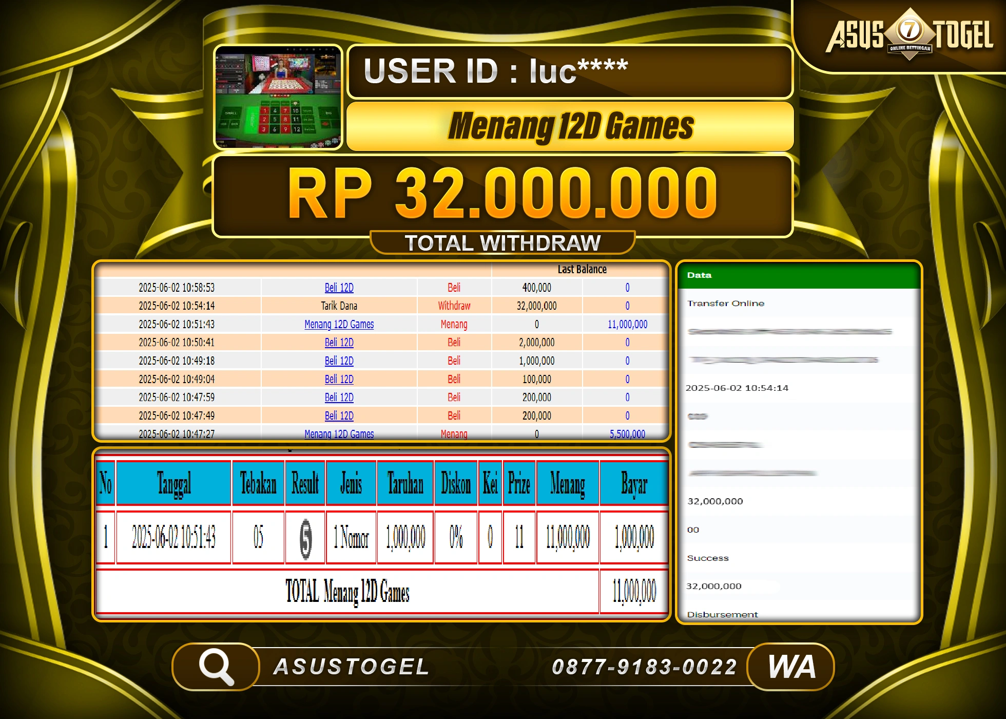  ASUSTOGEL KEMENANGAN DI LIVE GAMES 12D GAMES  SEBESAR 32,000,000- RUPIAH LUNAS