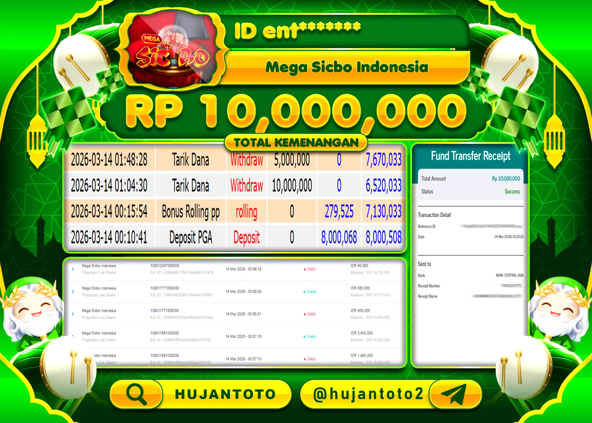 HUJANTOTO - BUKTI JACKPOT MENANG LIVEGAMES MEGA SICBO INDONESIA Rp.10,000,000 - TERBAYAR LUNAS