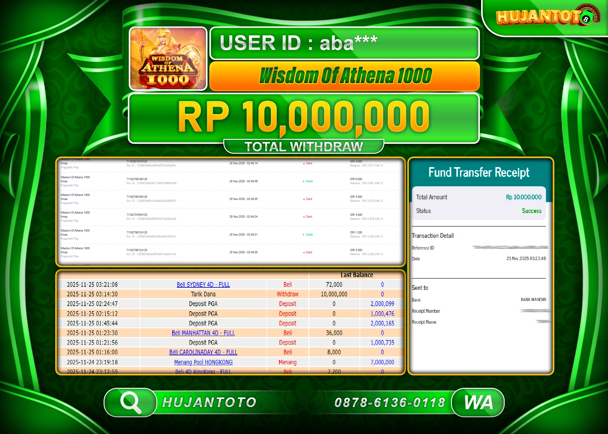 HUJANTOTO - BUKTI JACKPOT MENANG SLOT WISDOM OF ATHENA 1000 Rp.10,000,000 - TERBAYAR LUNAS