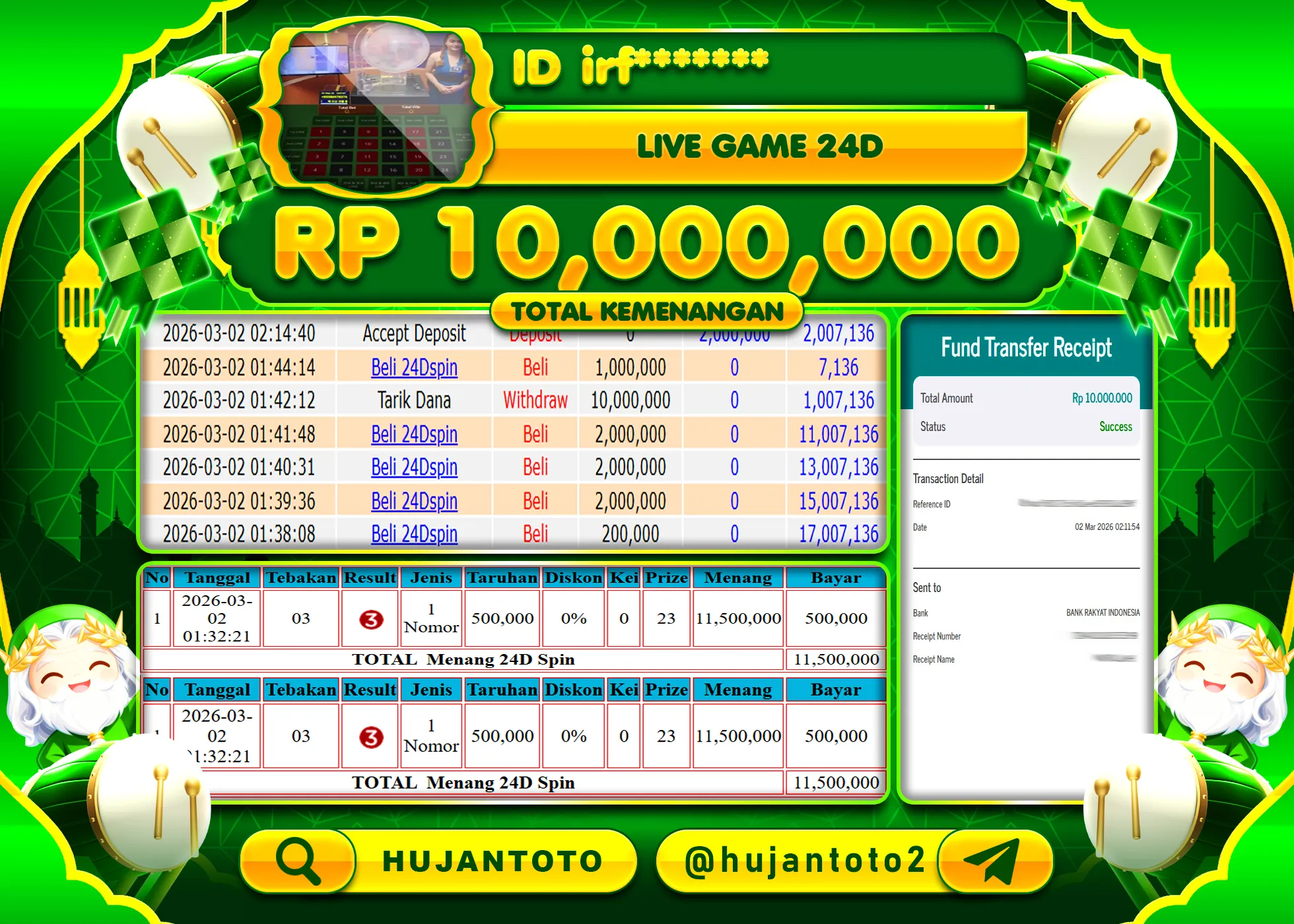 HUJANTOTO - BUKTI JACKPOT MENANG LIVE GAME 24D SPIN Rp.10,000,000 - TERBAYAR LUNAS