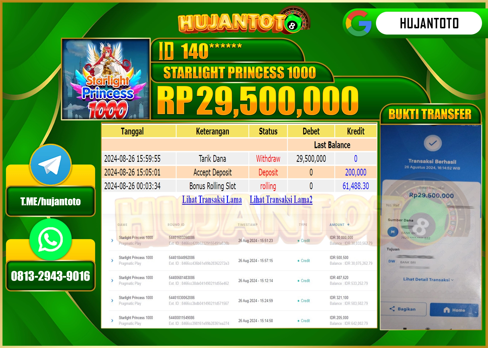 HUJANTOTO MENANG BESAR DI PERMAINAN STARLIGHT PRINCESS 1000 , 29.500.000 - LUNAS 