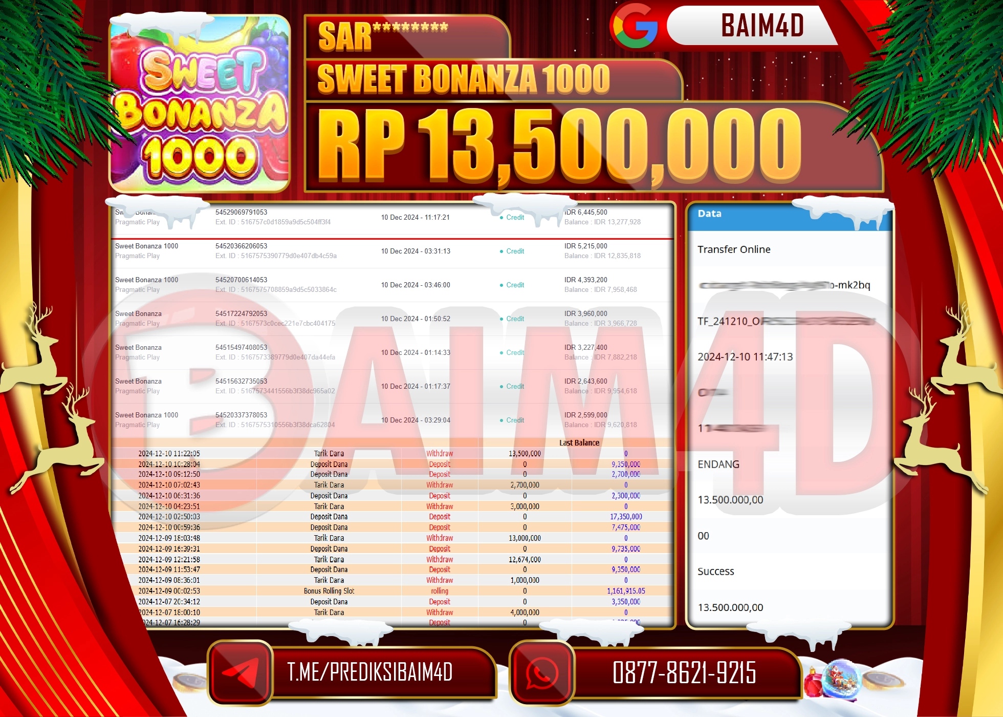 BAIM4D JACKPOT Sweet Bonanza 1000 Rp.13,500,000.- LUNAS