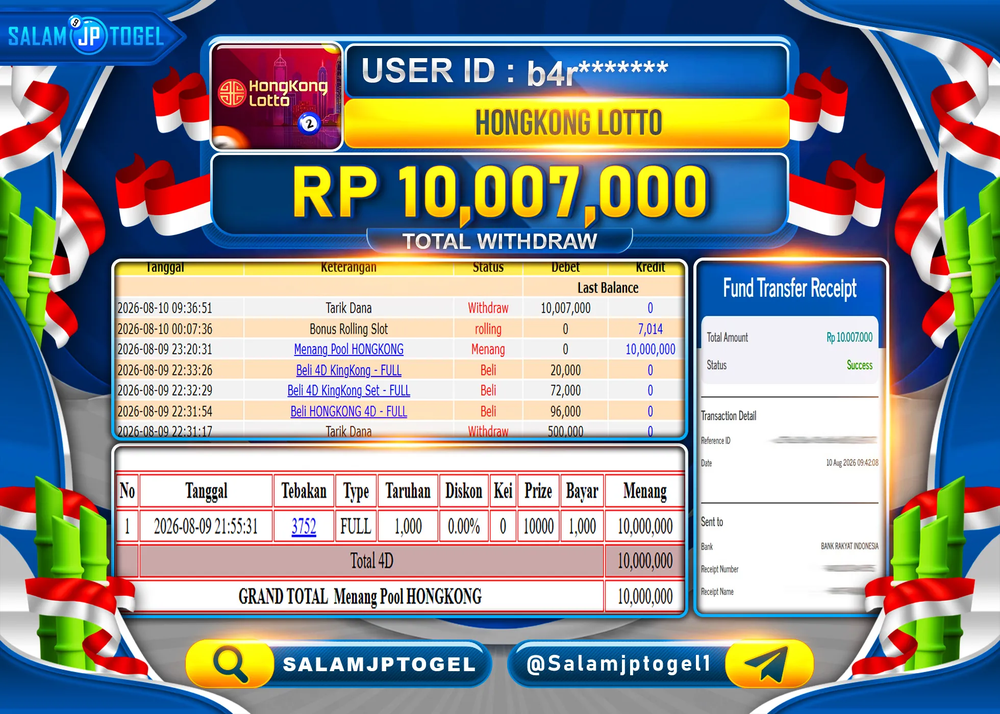 SALAMJPTOGEL JACKPOT MENANG JACKPOT HONGKONG LOTTO TOGEL  Rp.10,007,000 - LUNAS