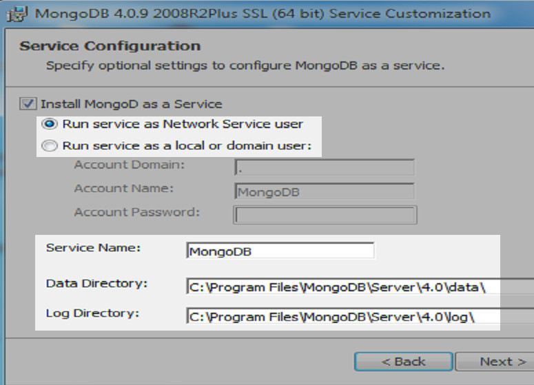 Screenshot of the MongoDB Windows installer configuring the services and data directory location