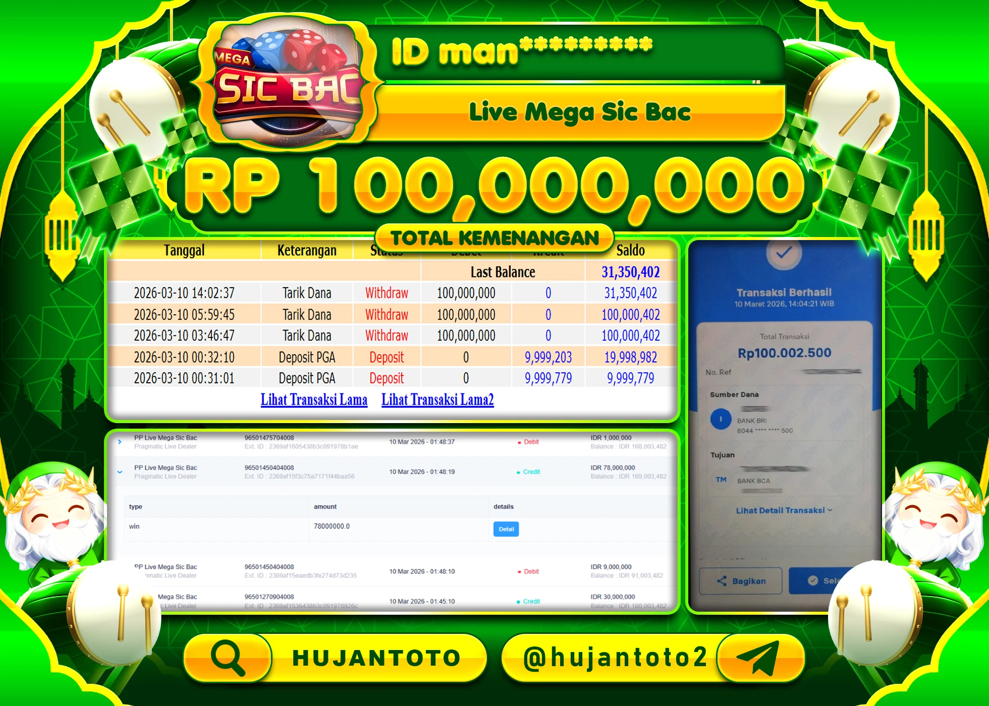 HUJANTOTO - BUKTI JACKPOT MENANG LIVEGAMES MEGA SIC BAC Rp.100,000,000 - TERBAYAR LUNAS