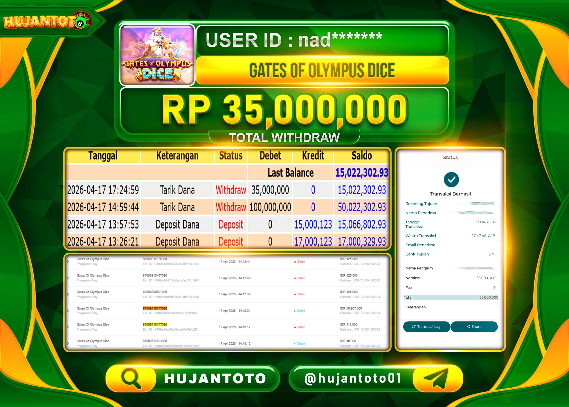 HUJANTOTO - BUKTI JACKPOT MENANG SLOT GATES OF OLYMPUS DICE Rp.35,000,000 - TERBAYAR LUNAS