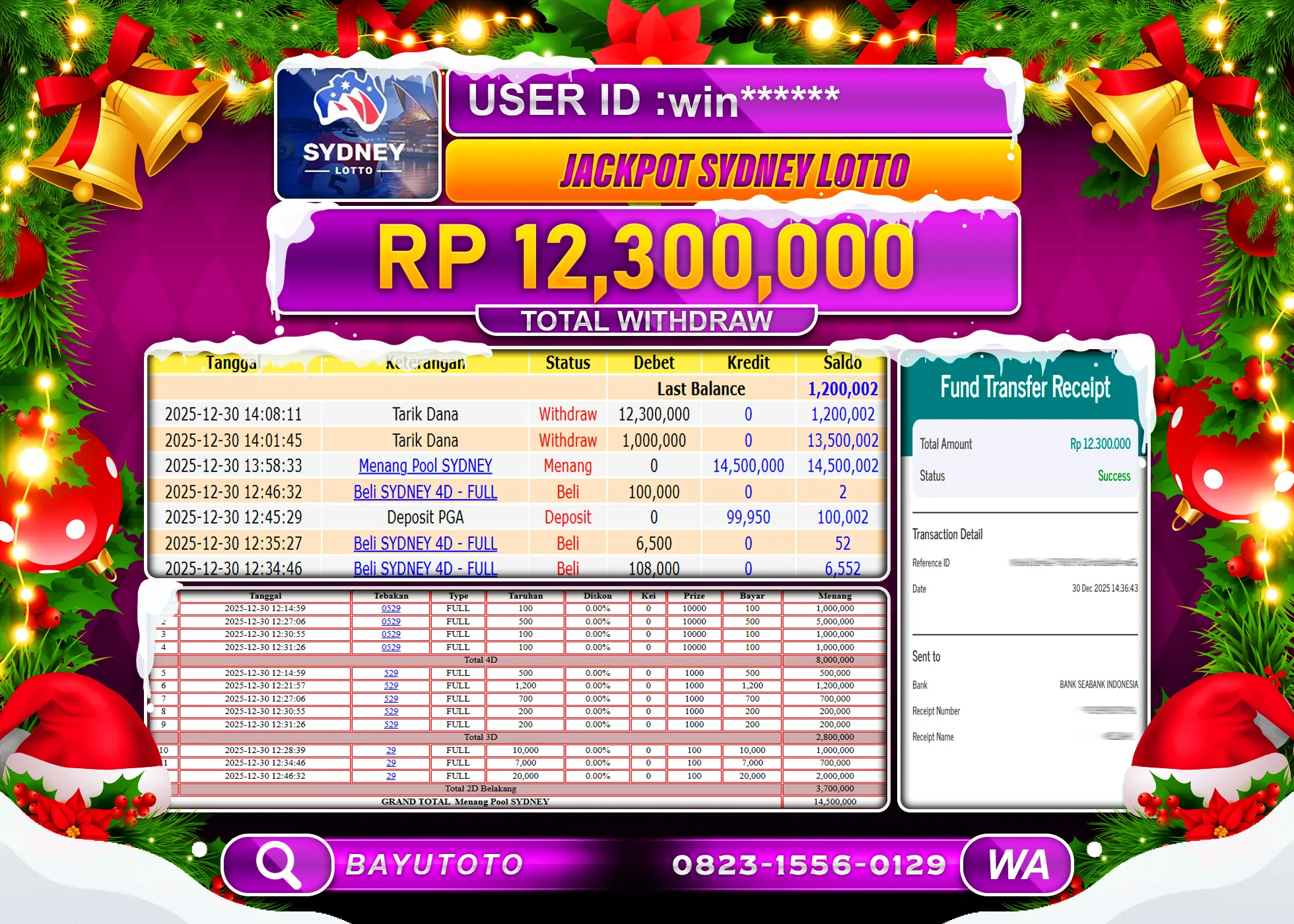SELAMAT MEMBER SETIA BAYUTOTO JACKPOT DI PERMAINAN TOGEL SYDNEY LOTTO Rp.12,300,000 LUNAS