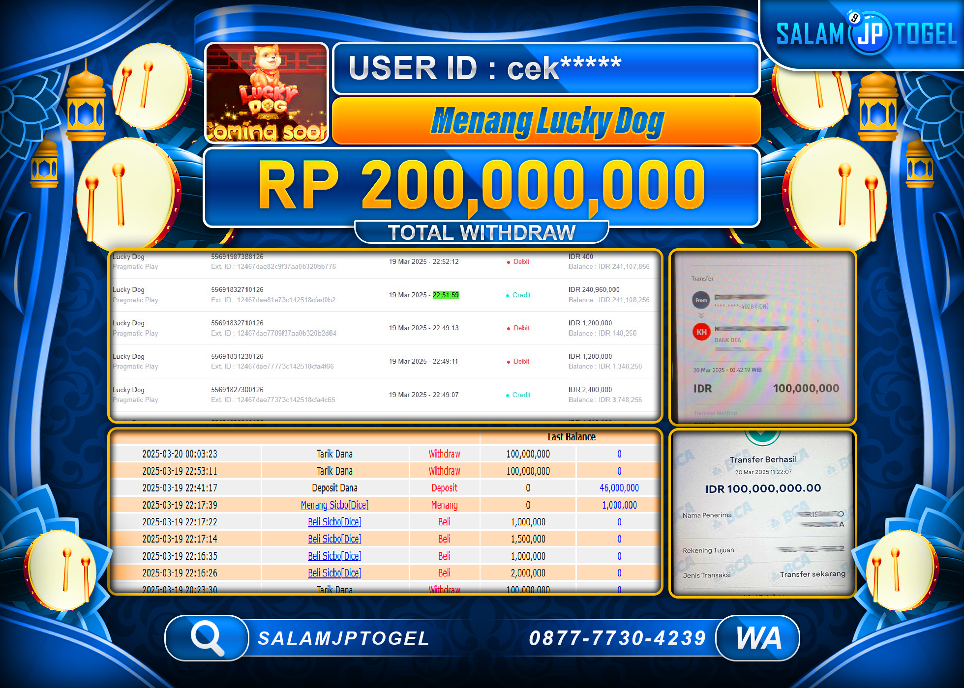 SALAMJPTOGEL MENANG LUCKY DOG Rp. 200,000,000 LUNAS