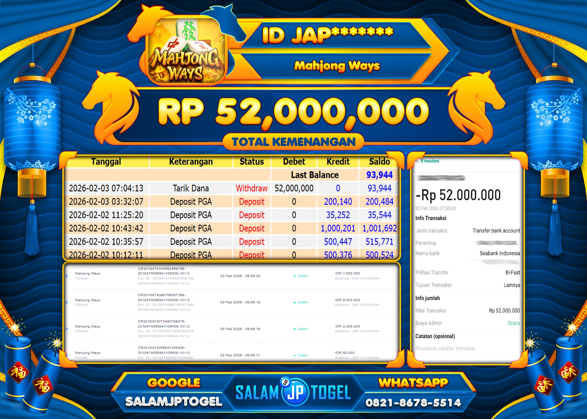SALAMJPTOGEL JACKPOT MAHJONG WAYS Rp.52,000,000 - LUNAS