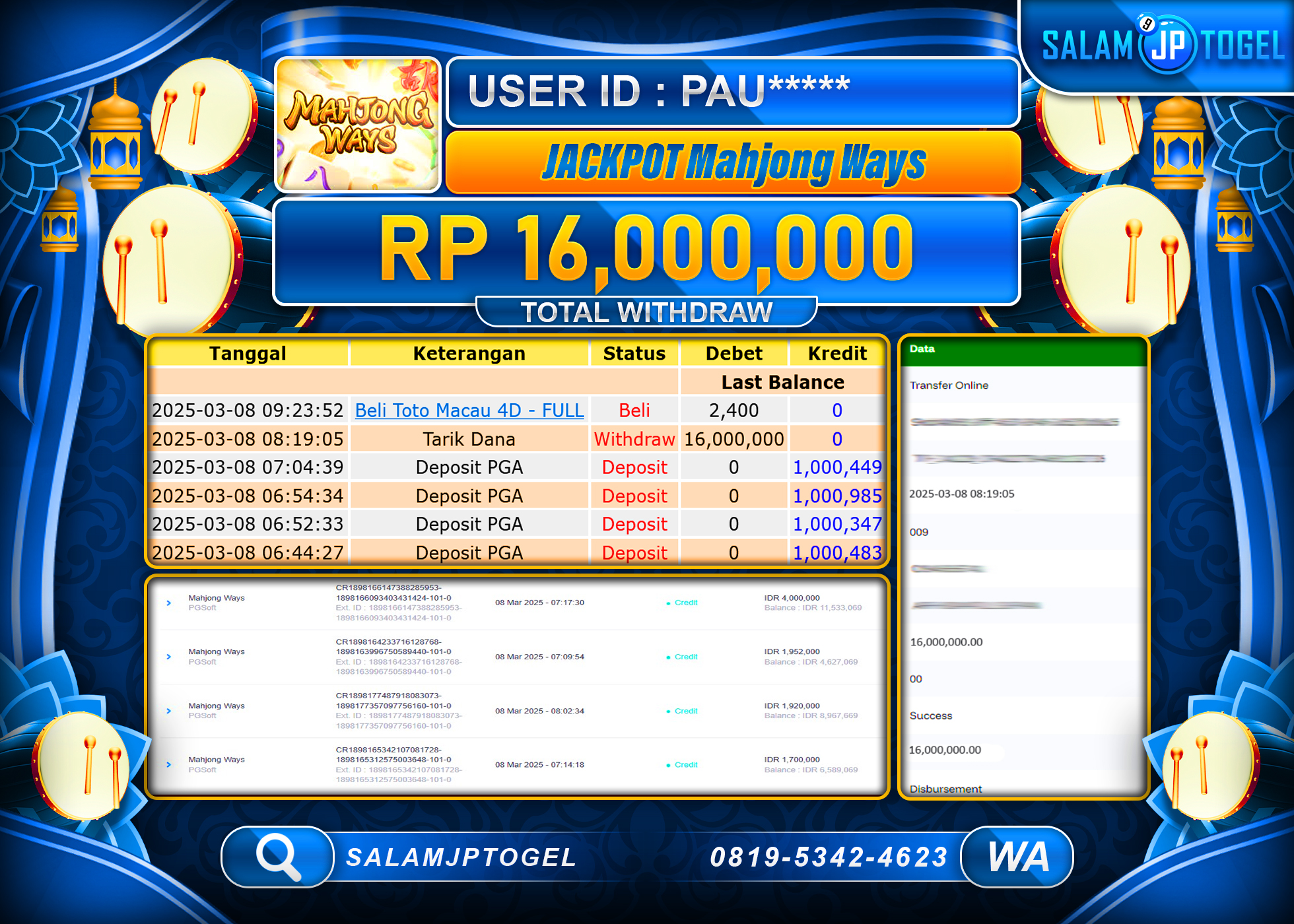 SALAMJPTOGEL MENANG MAHJONG WAYS GAMES Rp. 16,000,000 LUNAS