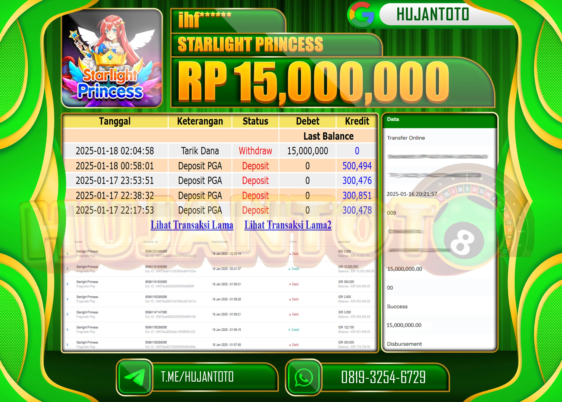 HUJANTOTO - BUKTI JACKPOT DI PERMAINAN STARLIGHT PRINCESS Rp,15,000,000 - TERBAYAR LUNAS