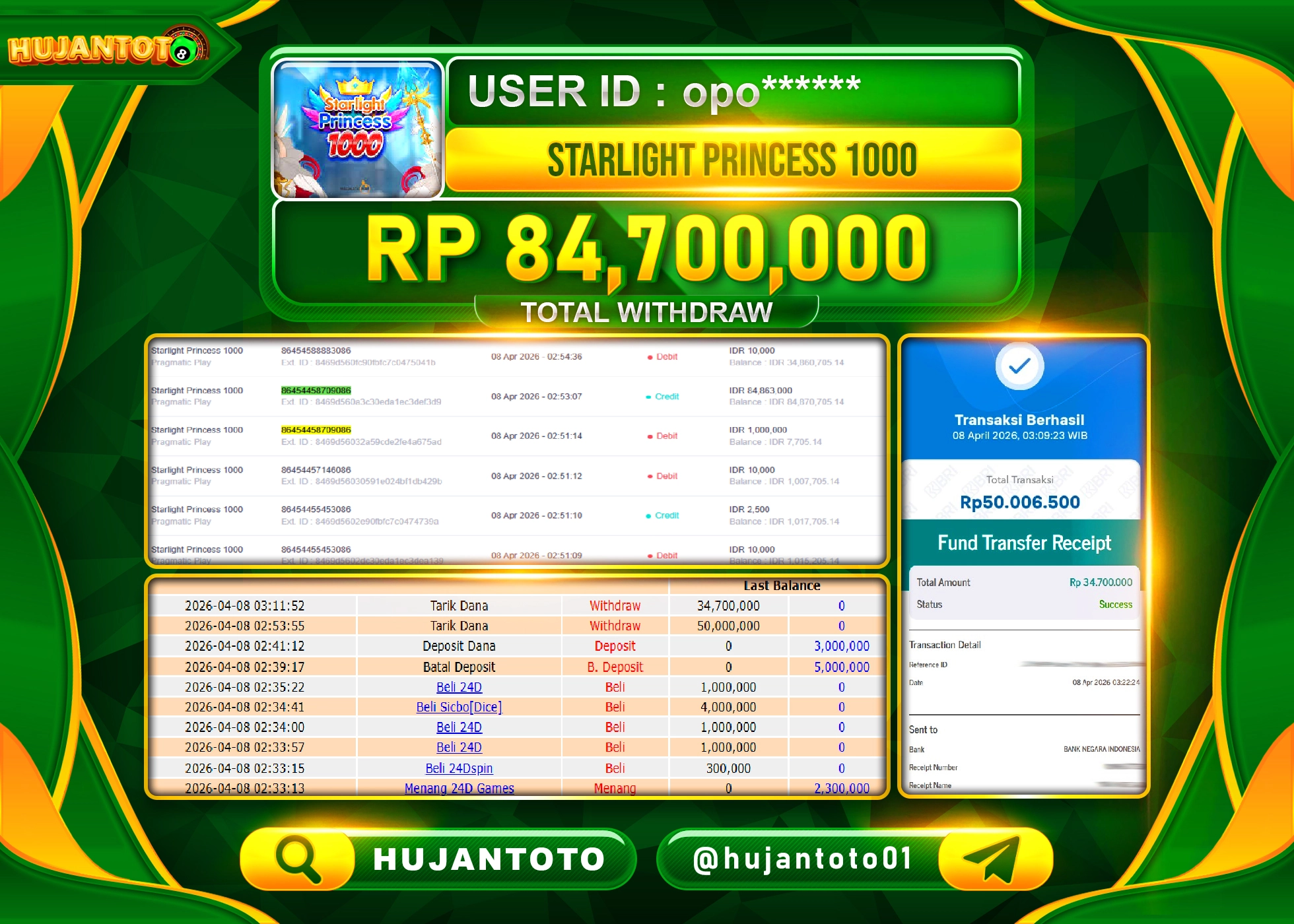 HUJANTOTO - BUKTI JACKPOT MENANG SLOT STARLIGHT PRINCESS 1000 Rp.84,700,000 - TERBAYAR LUNAS